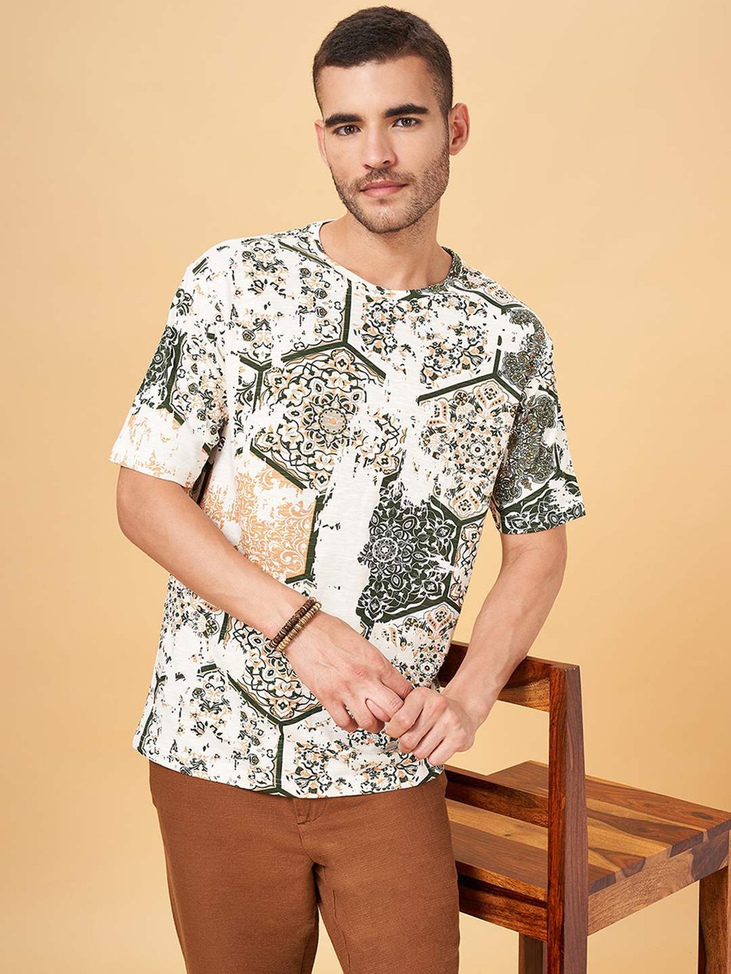 7 Alt by Pantaloons Beige Cotton Relaxed Fit Printed T-Shirt