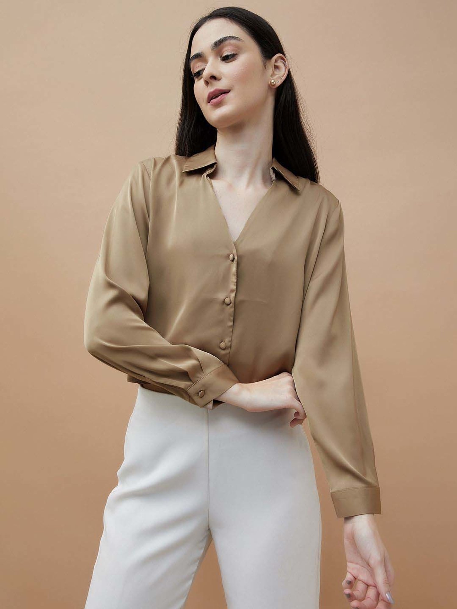 Ginger by Lifestyle Brown Regular Fit Crop Shirt