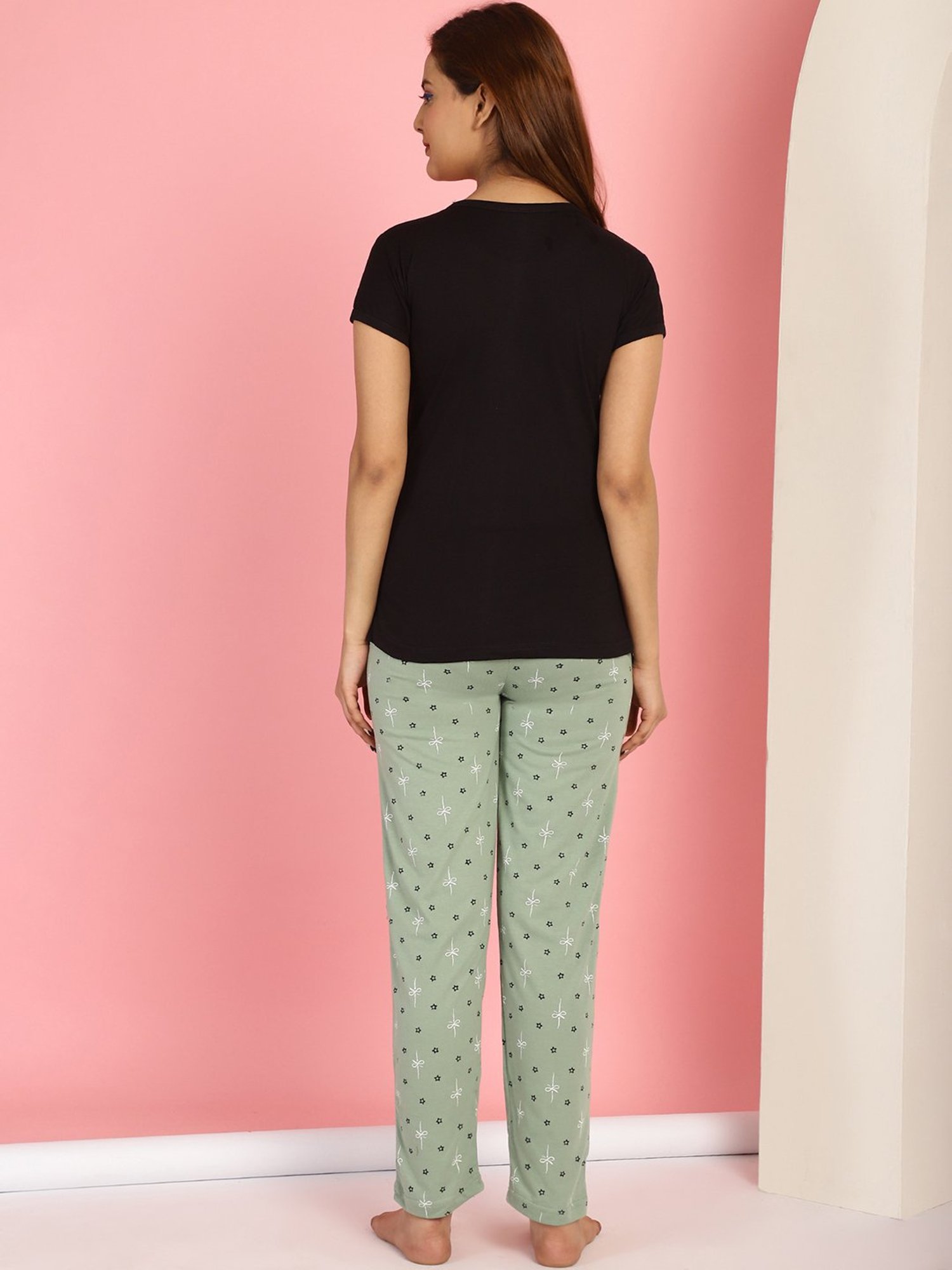 Gracit Black & Green Cotton Printed Top With Pyjamas