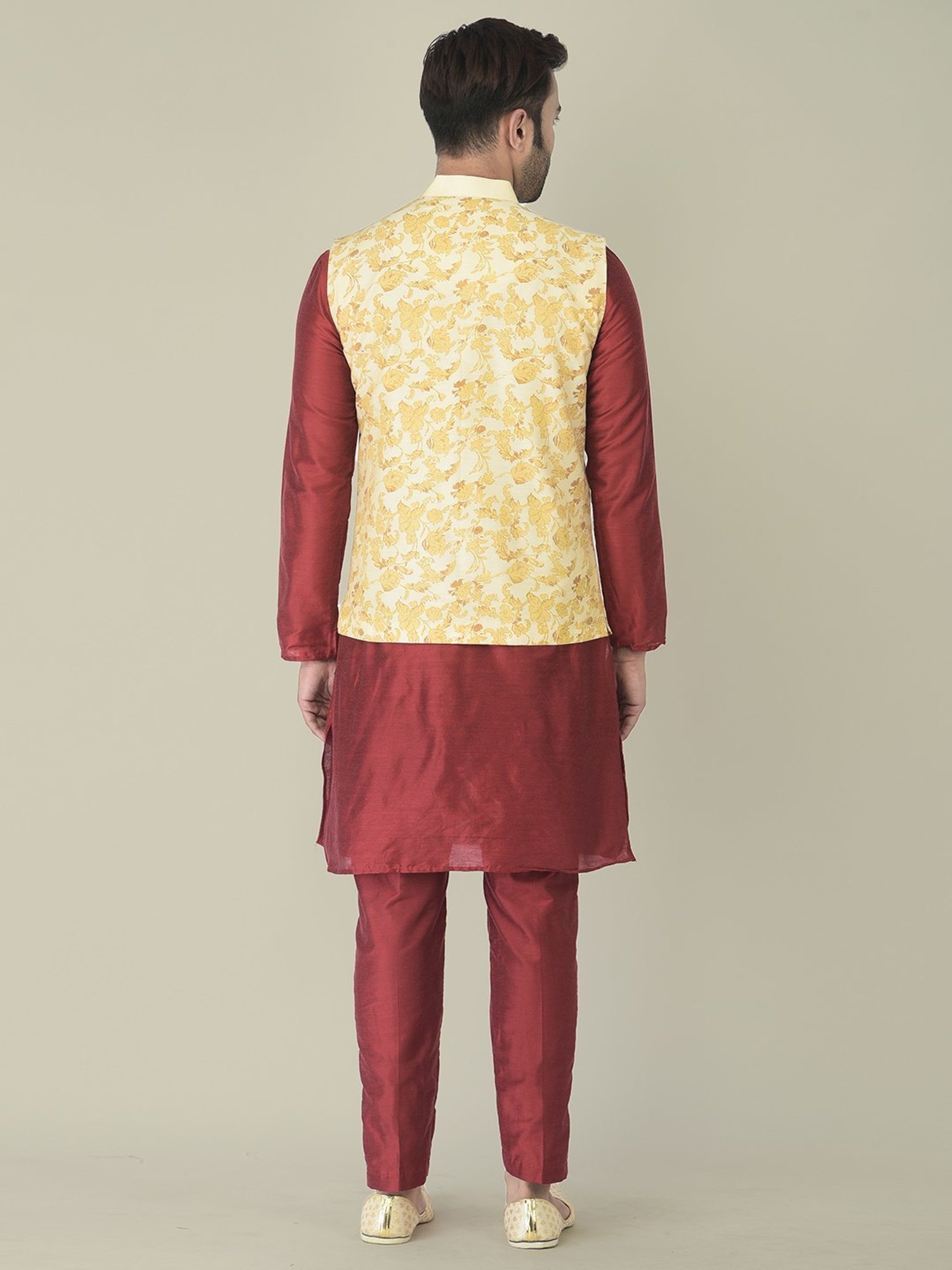 Deyann Maroon & Cream Cotton Regular Fit Printed Kurta Set With Jacket