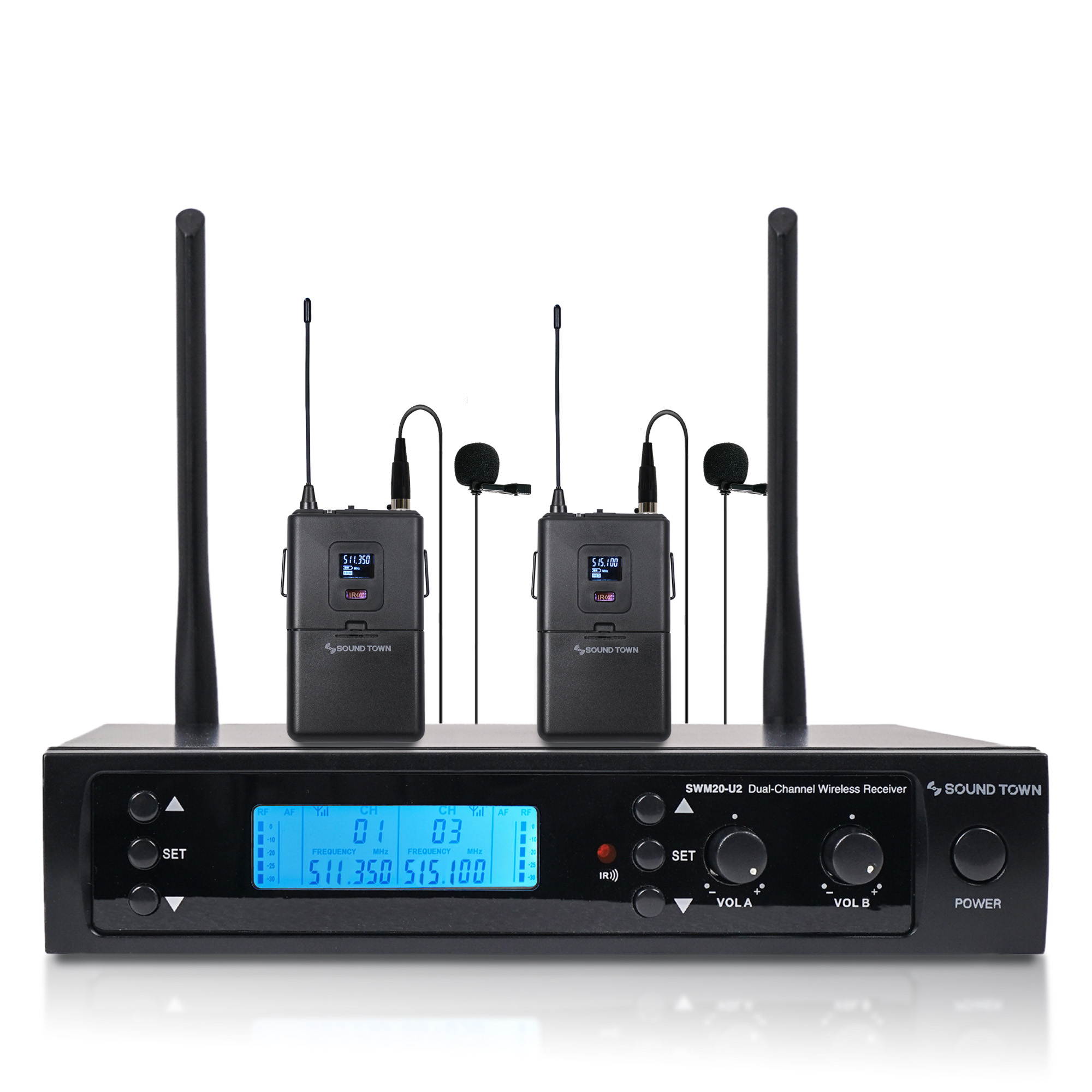 Sound Town 200-channel Professional UHF Wireless Microphone System with 2 Lavalier Mics, for Church, School, Business Meeting, Party (SWM20-U2LL)