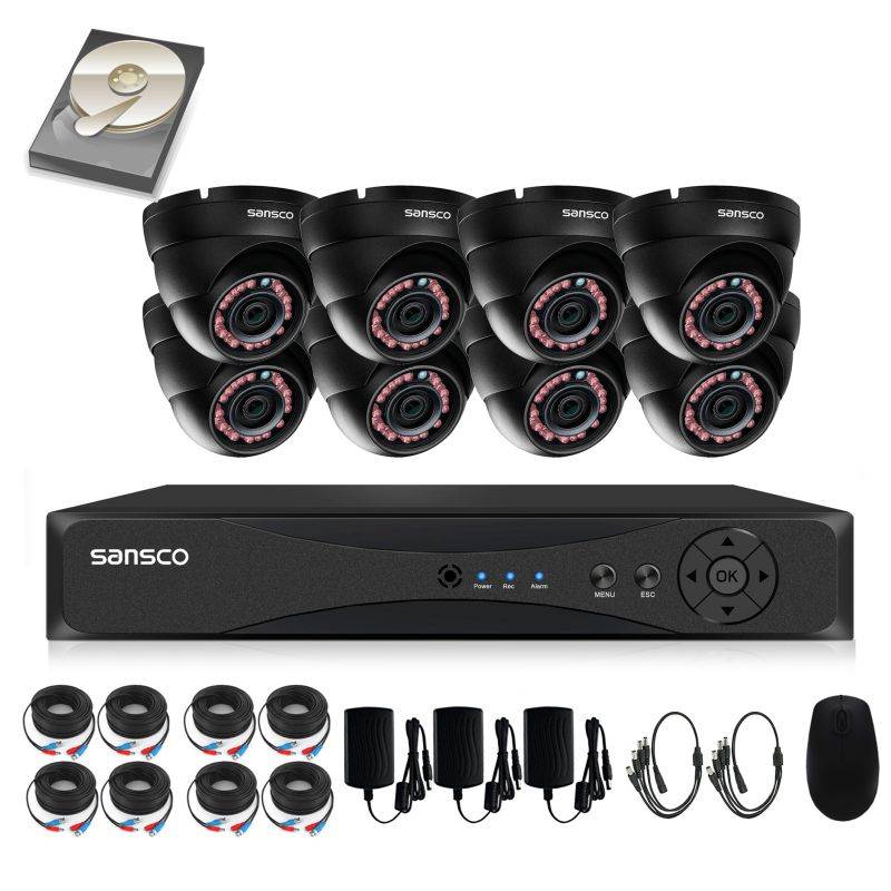 SANSCO 8-Channel 1080P DVR Recorder CCTV Security System with 8x Super HD 2.0MP Outdoor Cameras and 2TB Hard Drive (1920x1080 Dome Cam, Rapid USB Storage Backup, Vandal and Water-Proof Body)