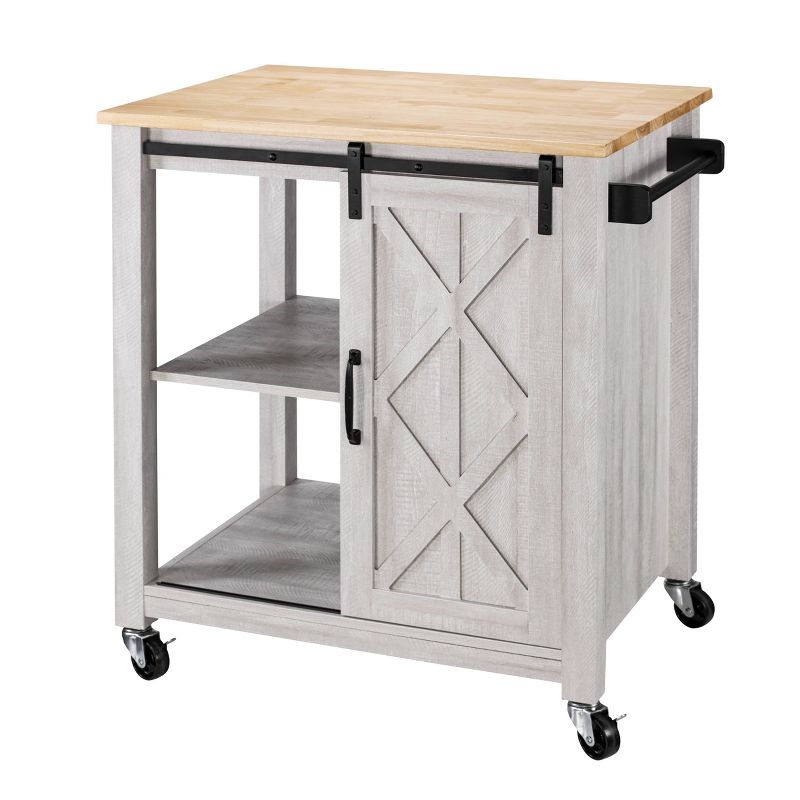 33" Sliding Door Kitchen Cart with Wood Top Saw Cut White - Home Essentials