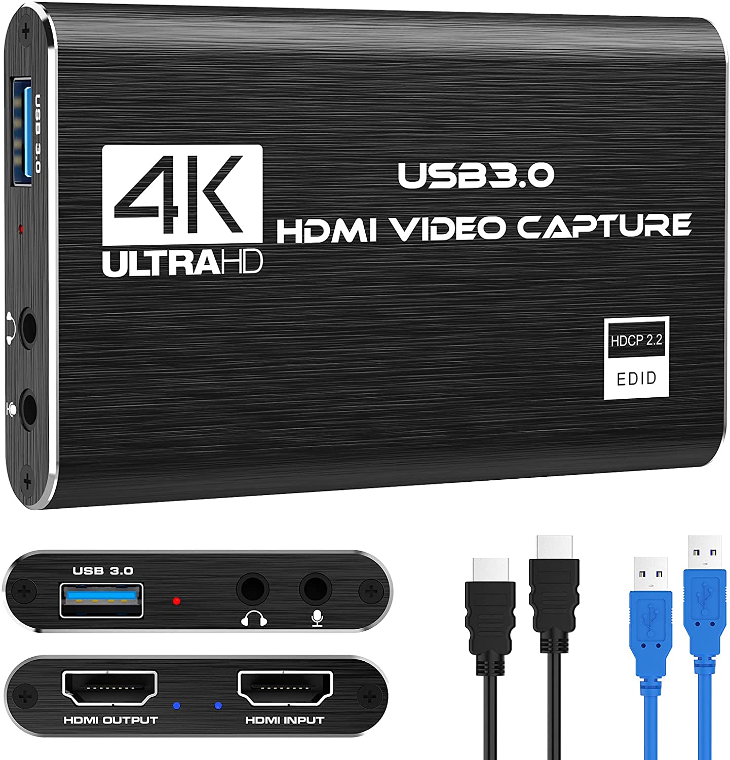 4K Audio Video Capture Card, USB 3.0 HDMI Video Capture Device, Full HD 1080P 60FPS for Game Recording, Live Streaming Broadcasting-Black
