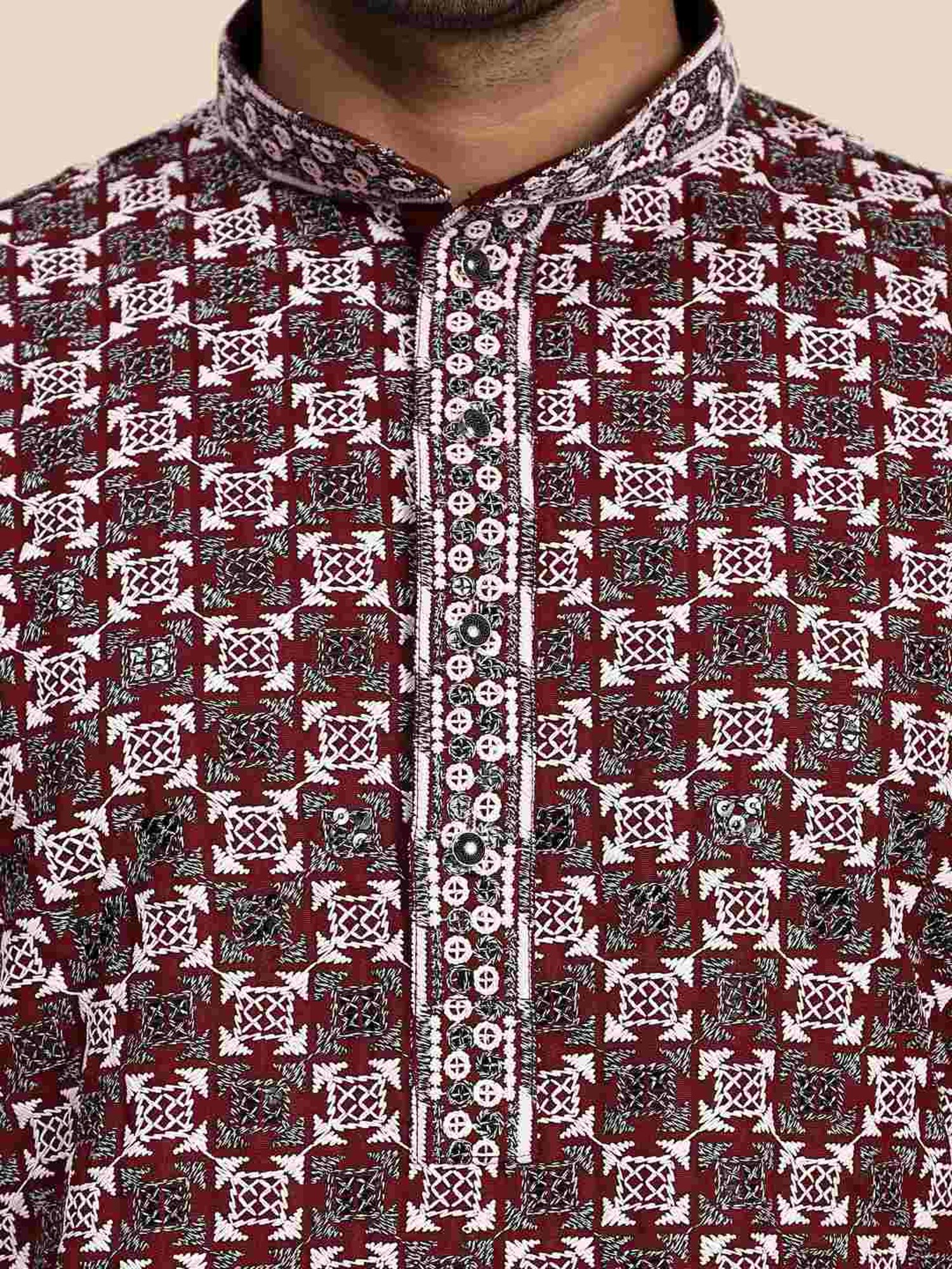 Pro-Ethic Style Developer Maroon & White Cotton Regular Fit Embellished Kurta Bottom Set