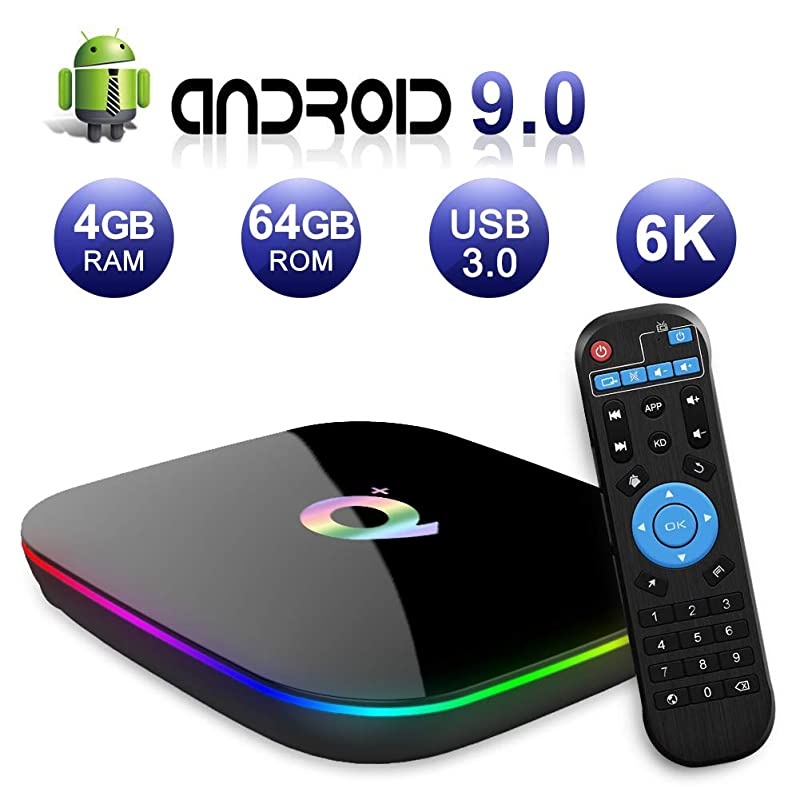 9.0 TV Box 4GB RAM 64GB ROM, Q Plus Box H6 Quad-core WiFi 2.4GHz Support 6K H.265 HD 2.0 Ethernet