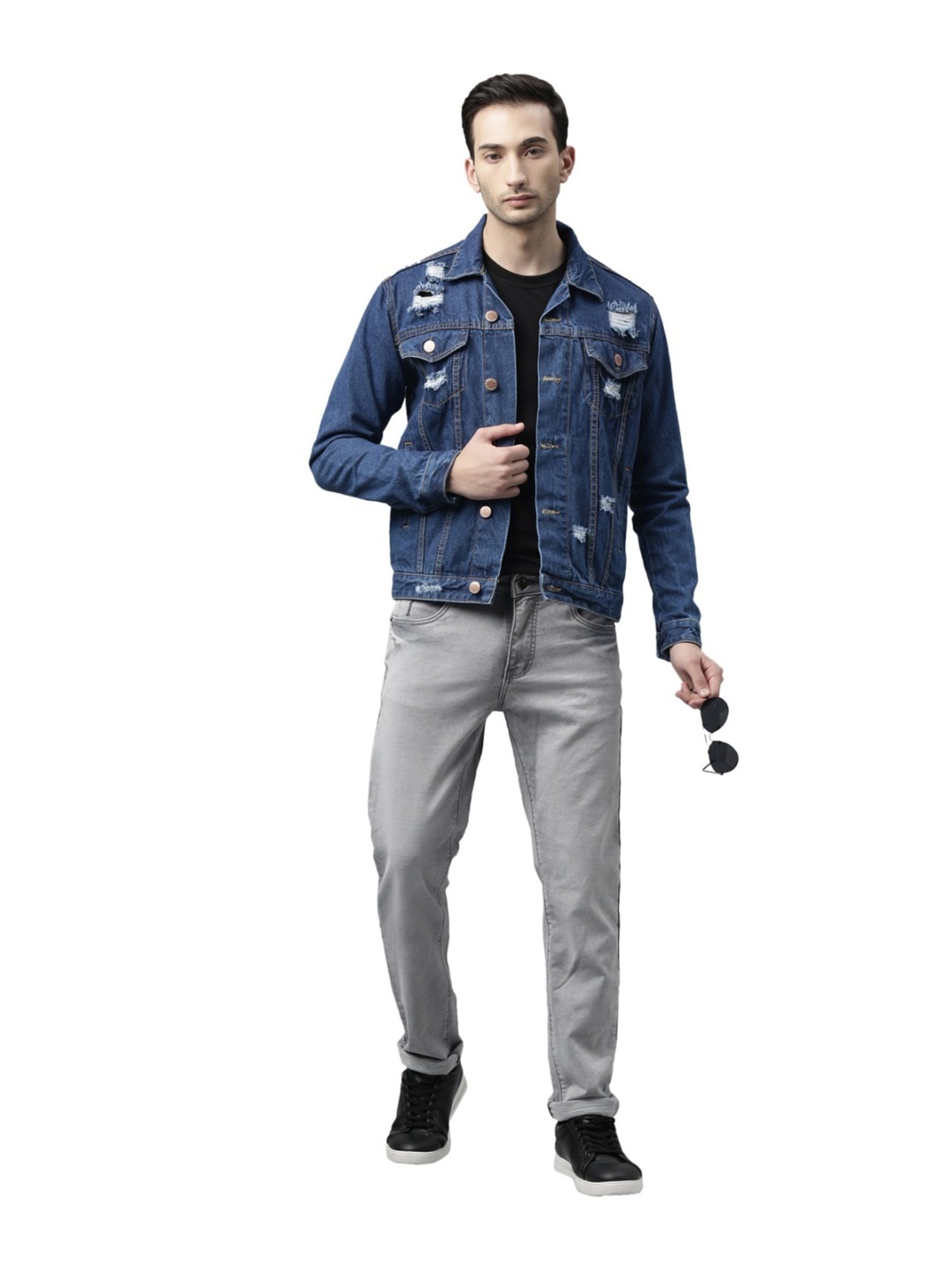 CINOCCI Blue Cotton Slim Fit Distressed Denim Jacket