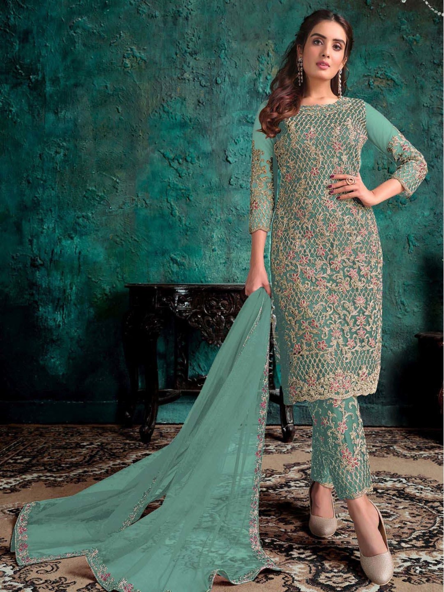 Odette Green Embroidered Semi Stitched Dress Material