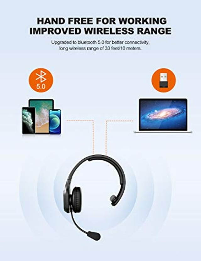 TECKNET Bluetooth Trucker Headset with Microphone Noise Canceling Wireless On Ear Headphones, Hands Free Telephone Headset for Cell Phone Computer Office Home Call Center Skype (Black)