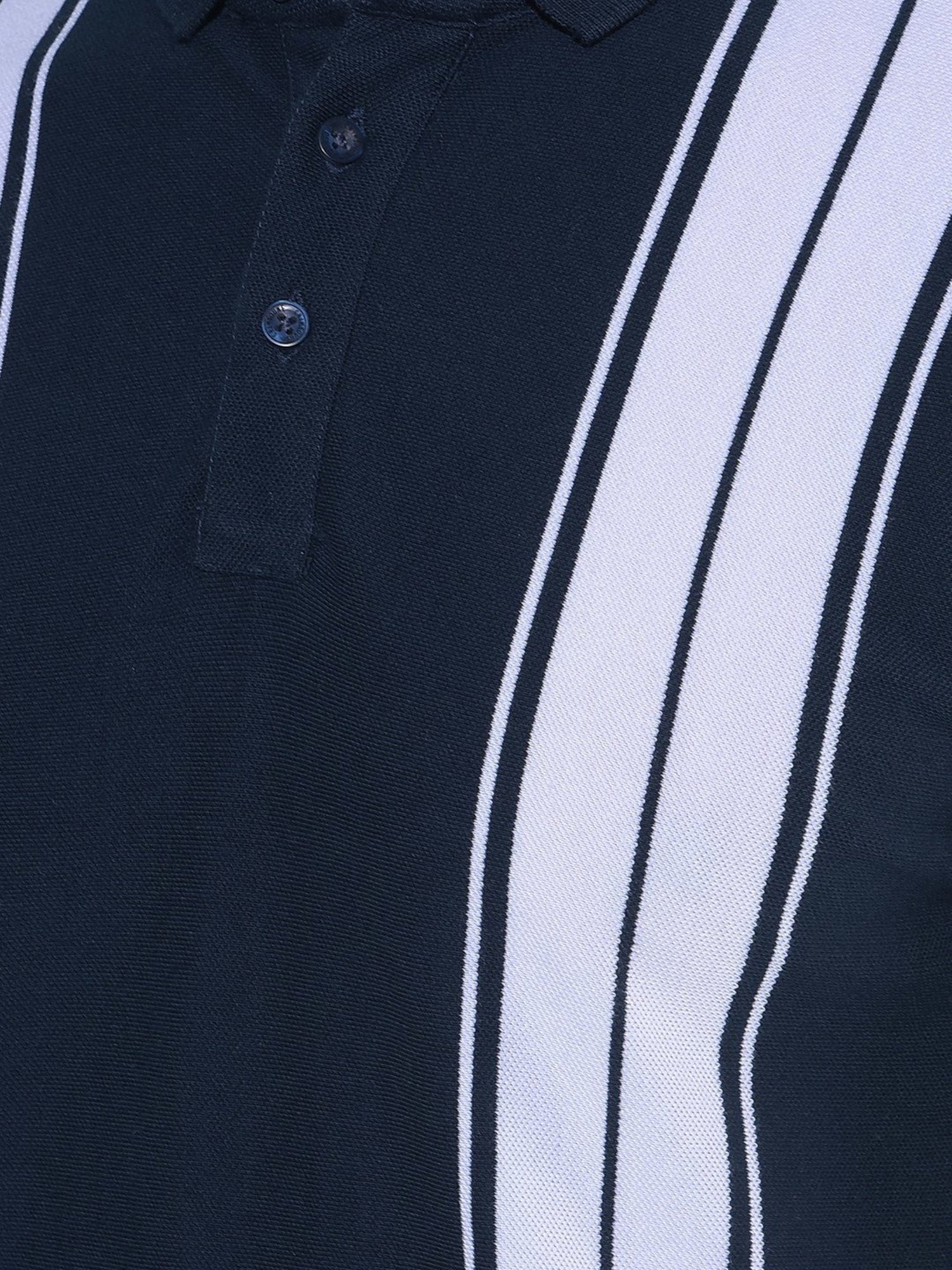 Crimsoune Club Navy Blue Cotton Slim Fit Striped Polo T-Shirt