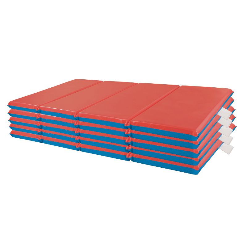 ECR4Kids Heavy-Duty 4-Fold Daycare Rest Mat with Name Tag Holder, 2in Thick, 5-Pack - Red/Blue