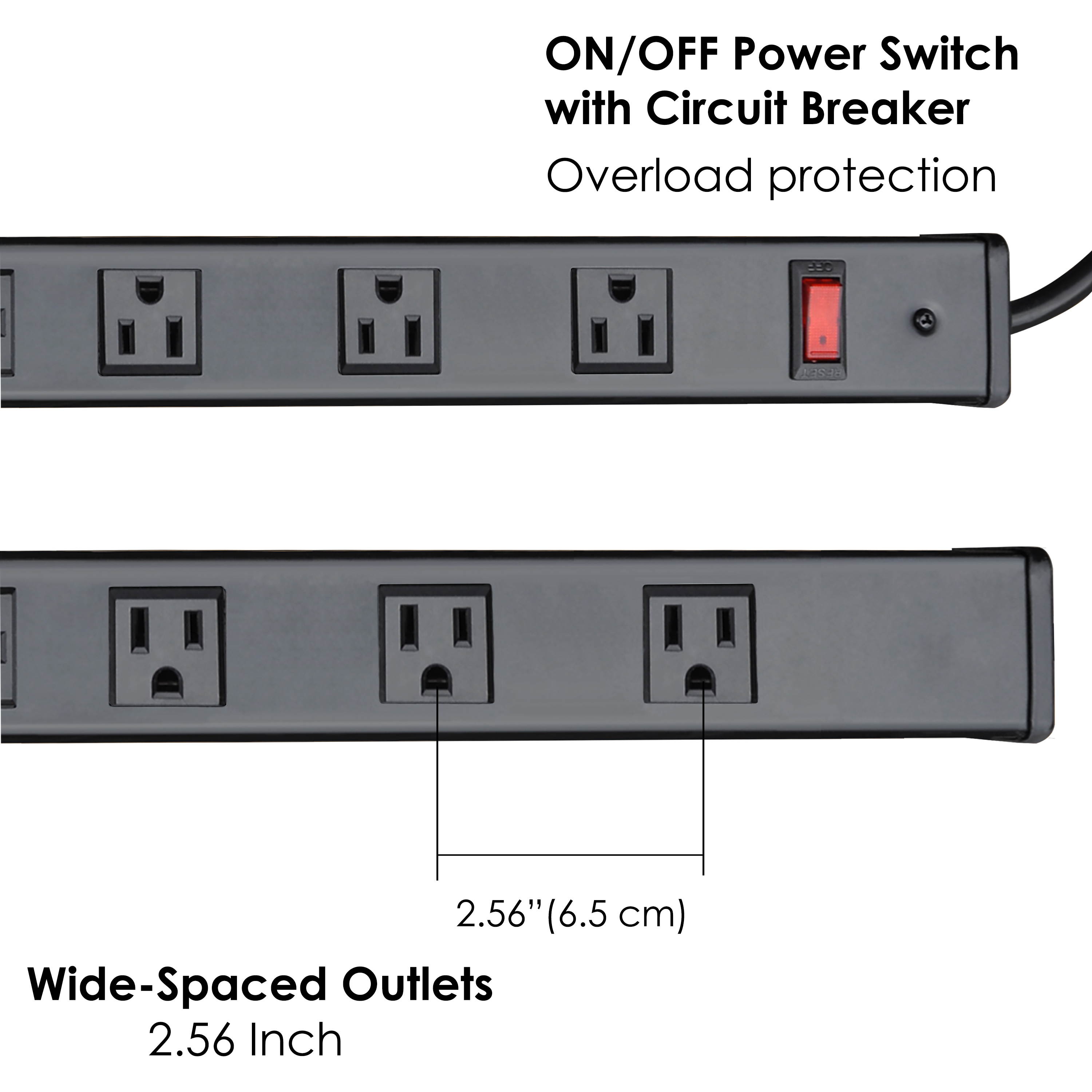 BESTTEN UL Listed 16-Outlet Heavy Duty Metal Power Strip, 12ft Long Extension Cord, 15A ON/Off Circuit Breaker, Mounting Brackets Included, Black