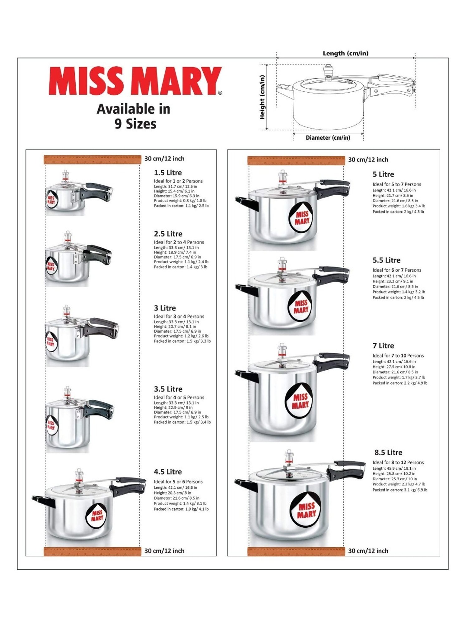 Hawkins Miss Mary Silver Aluminium Pressure Cooker 1.5 L