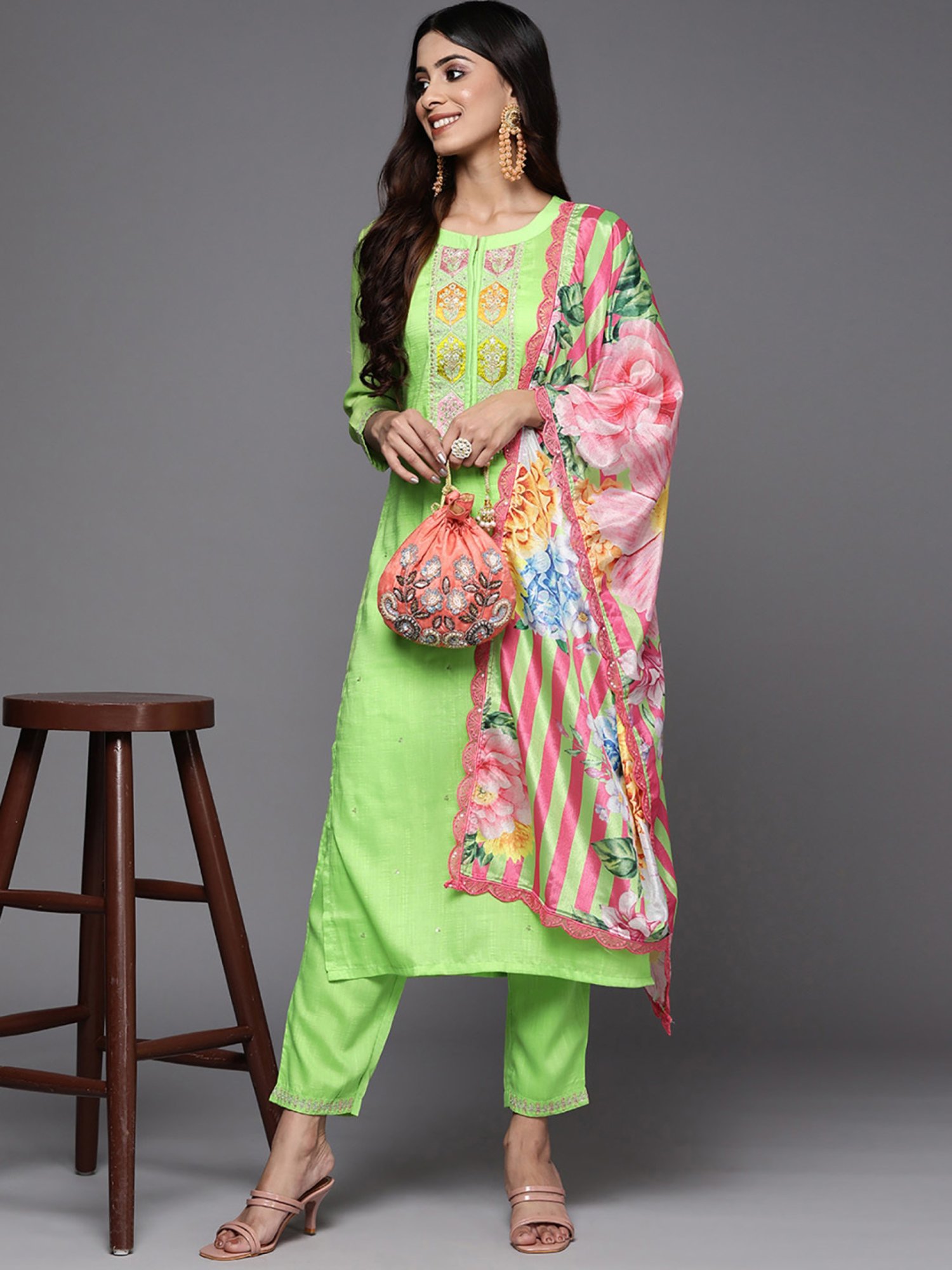 Indo Era Green Embroidered Kurta Pant Set With Dupatta