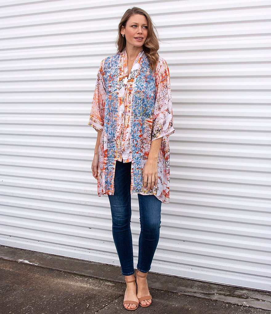 Karyn Seo Ana Embroidered Print Silk Blend Shawl Collar Cardigan