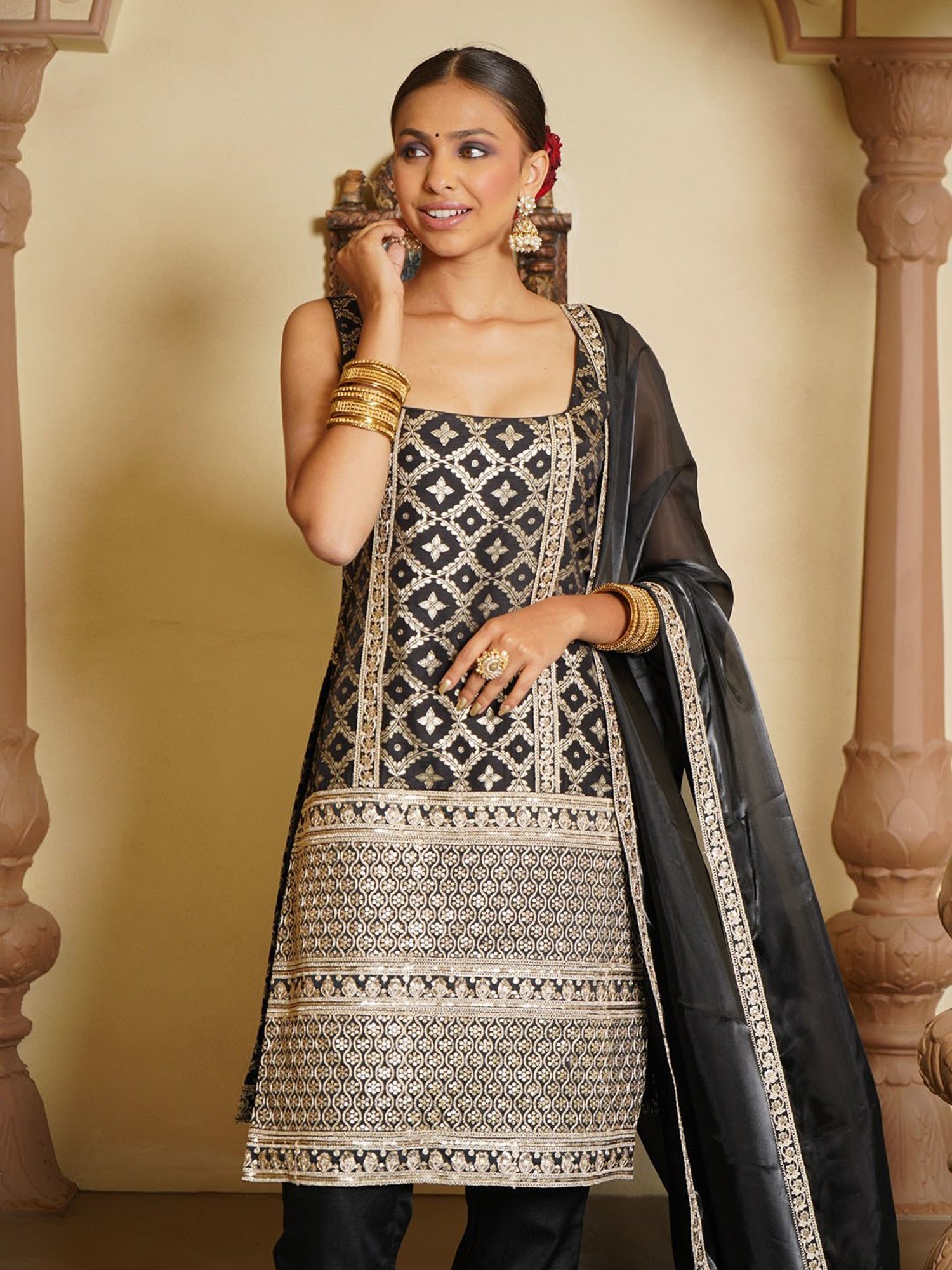 Monk and Mei Sara Brocade Kurta, Sharara & Dupatta