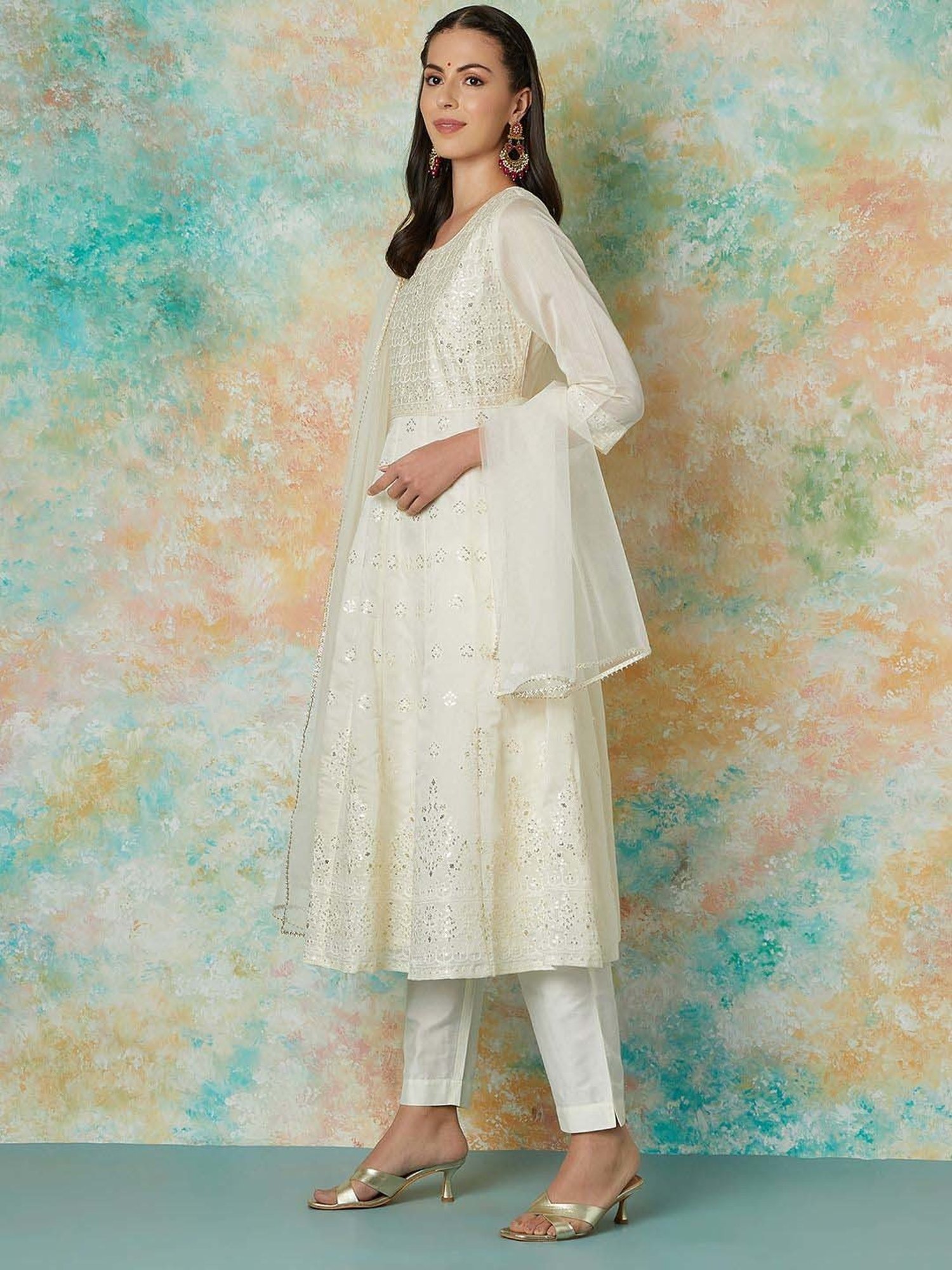 Melange by Lifestyle Off White Embroidered Kurta & Pant Set With Dupatta