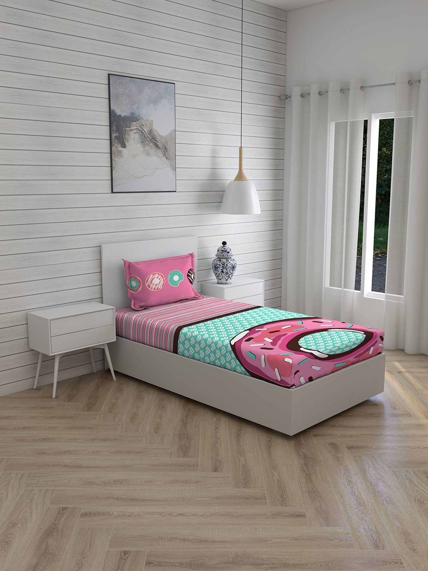 Boutique Living Rock & Room Geometric Blue 146 TC Cotton Single Bed Sheet with 1 Pillow Cover