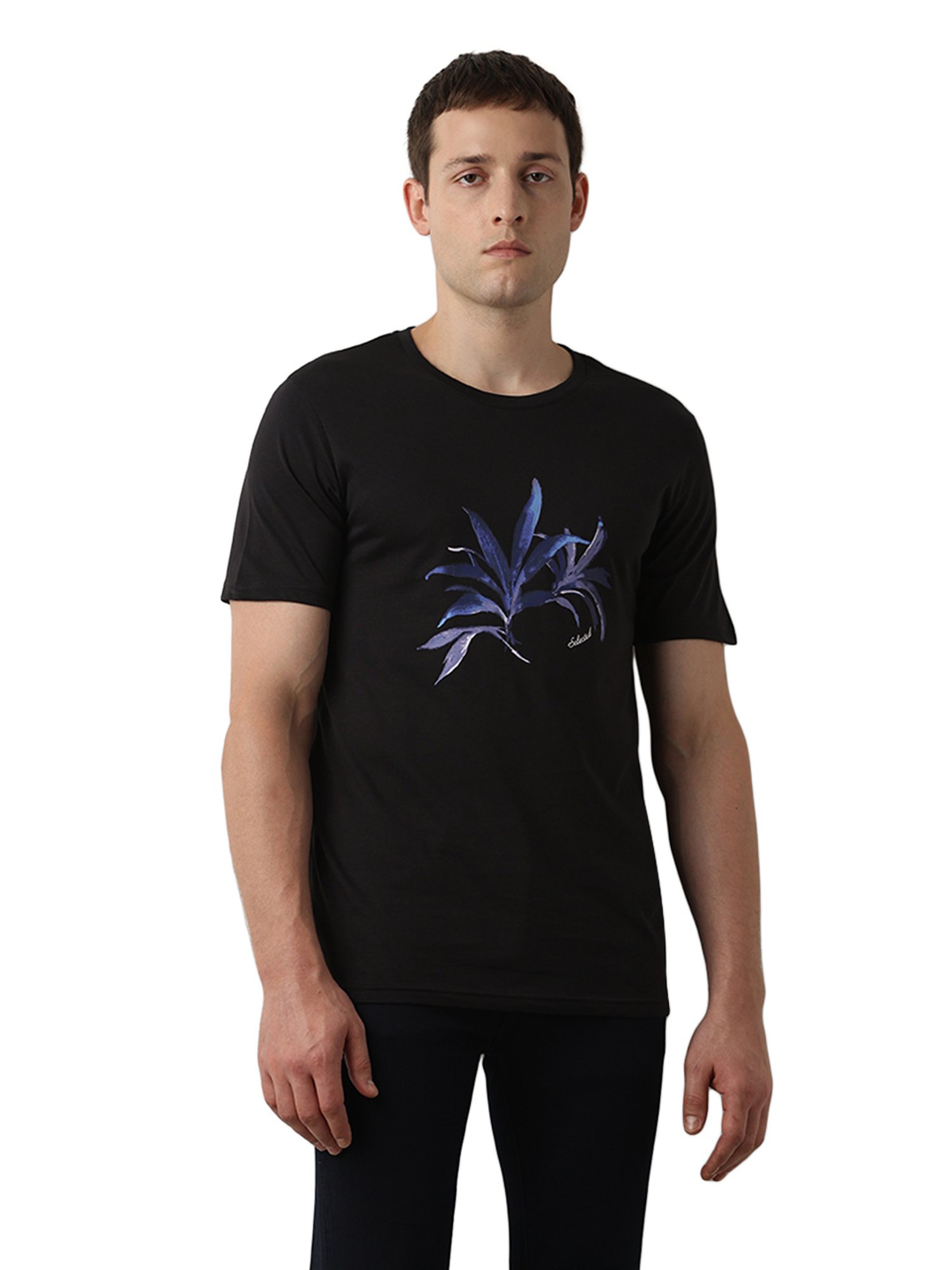 SELECTED HOMME Black Slim Fit Printed Crew T-Shirt