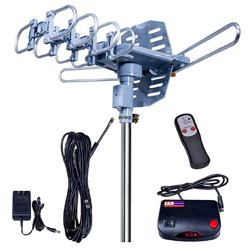 MilesAmplified Outdoor TV Antenna4K1080p High Reception+40FT RG6 Cable360Strong Motor Rotation Wireless Remote Snap On Installation+2TV Function