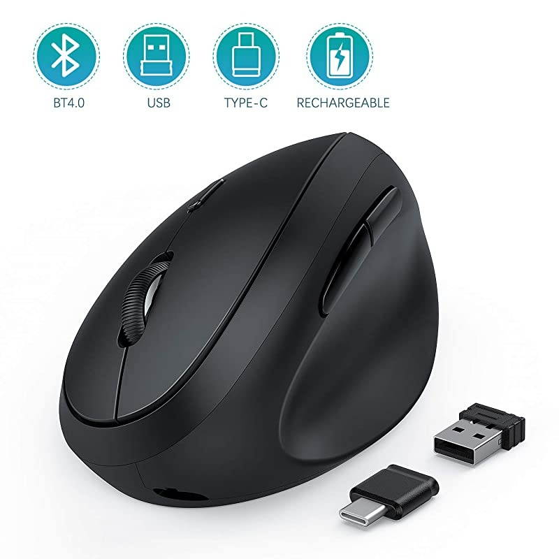 Vertical Wireless Mouse,  Ergonomic Mouse Reduces Wrist Strain, Easy Switch Between 3 Computers with Bluetooth, USB or Type C Connection, Rechargeable - MV09D (Black)