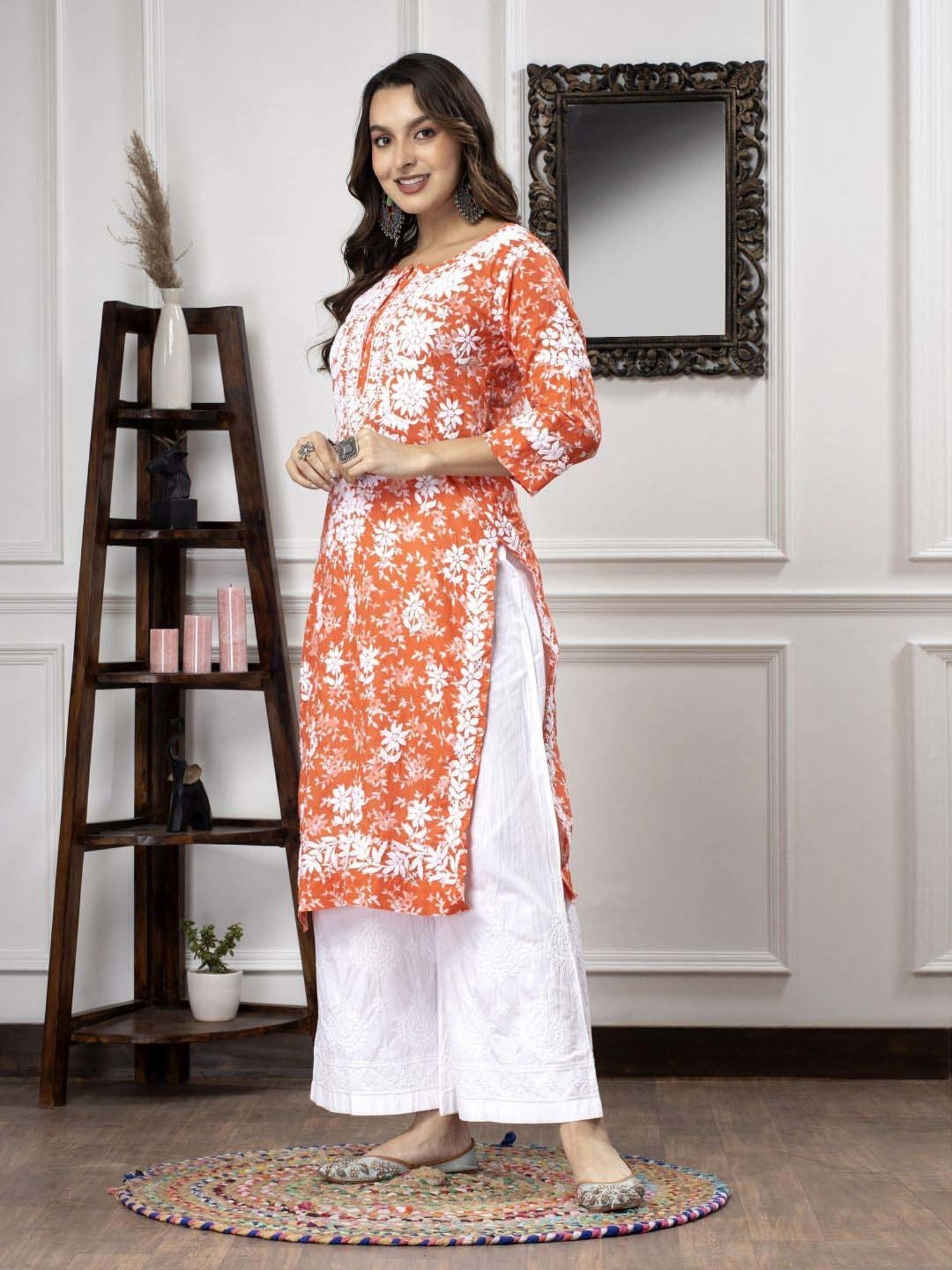 PARAMOUNT CHIKAN Neon Orange Cotton Chikankari Straight Kurta