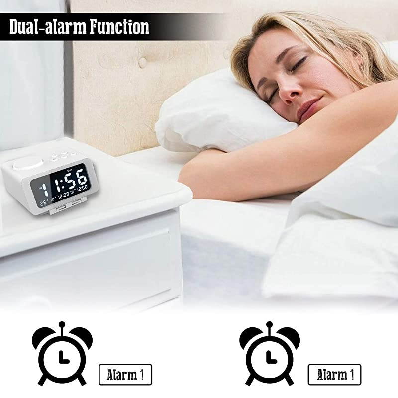 Alarm Clock Radio - FM Radio, Dual USB Port for Charging, Temperature Display, Dual Alarms, 5 Level Brightness Dimmer, Adjustable Alarm Volume, Sleep Timer for Bedrooms - White