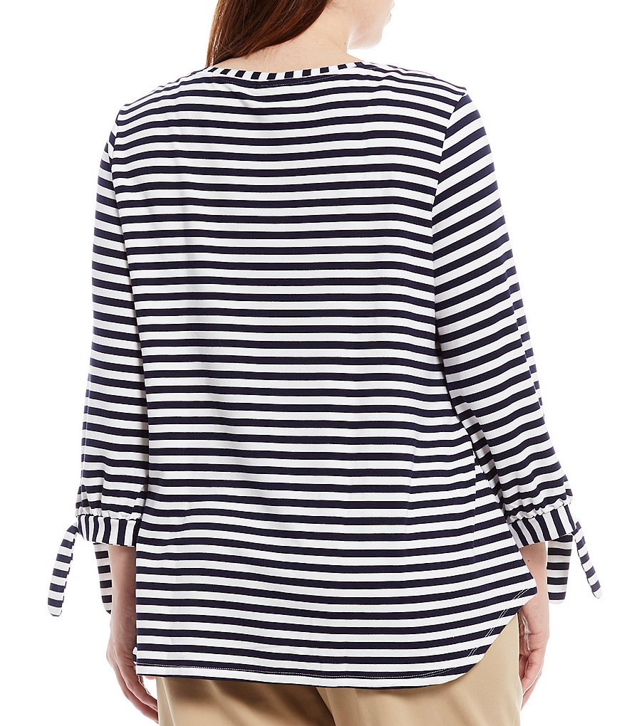 Ruby Rd. Plus Size Stripe French Terry Scoop Neck Tie Cuff 3/4 Sleeve Pullover