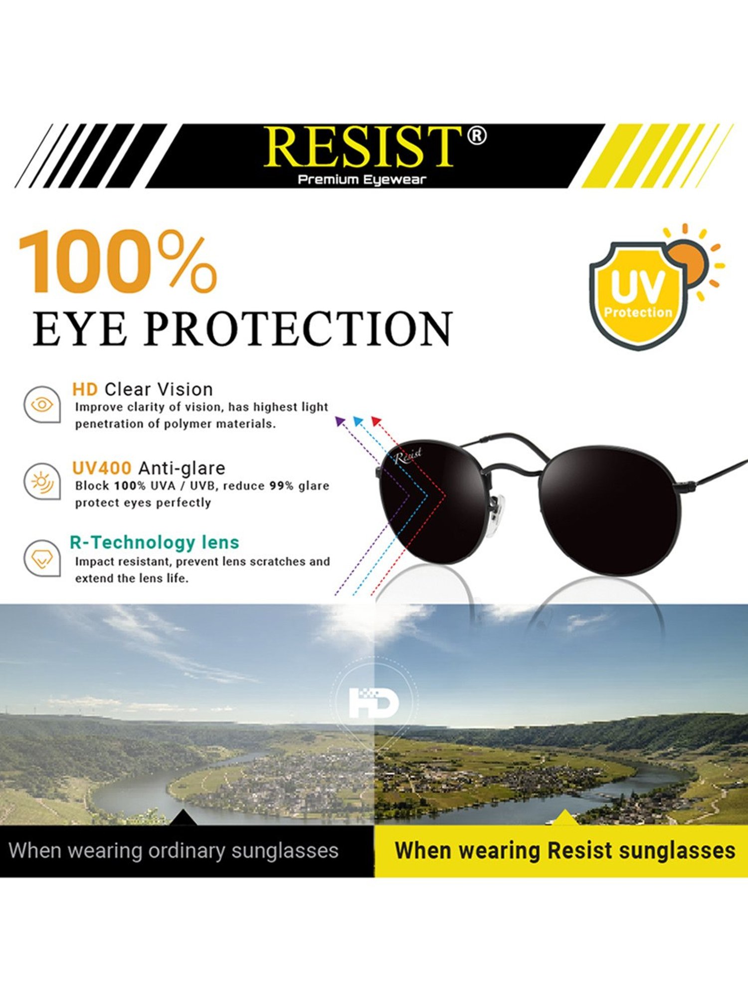 Resist Eyewear Black Round UV Protection Unisex Sunglasses