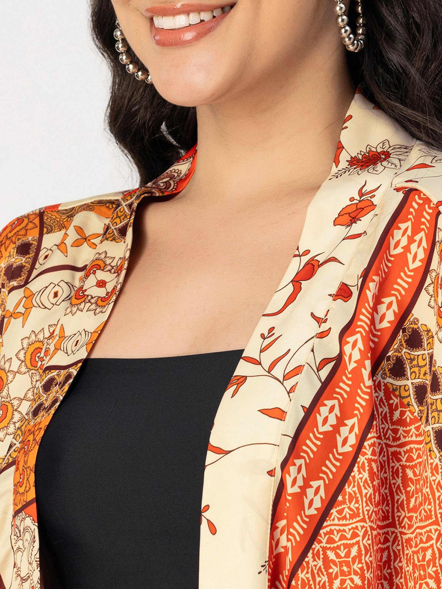Moomaya Orange & Beige Floral Print Shrug