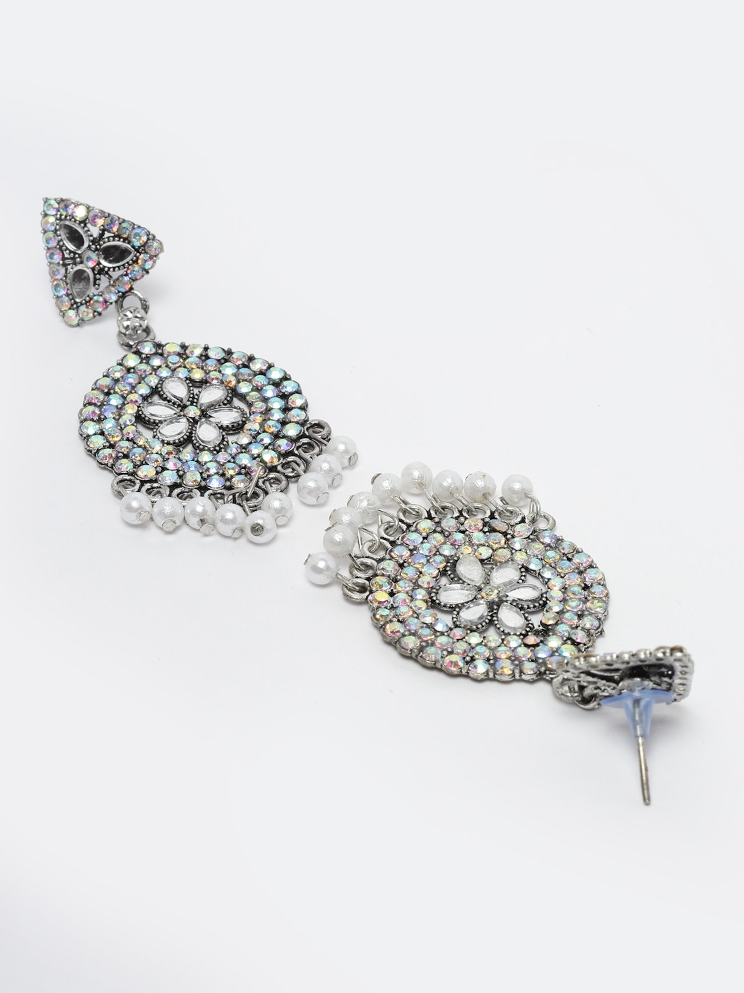 Moedbuille Crystal Studded Antique Design Silver-Plated Handcrafted Chand Bali Earrings