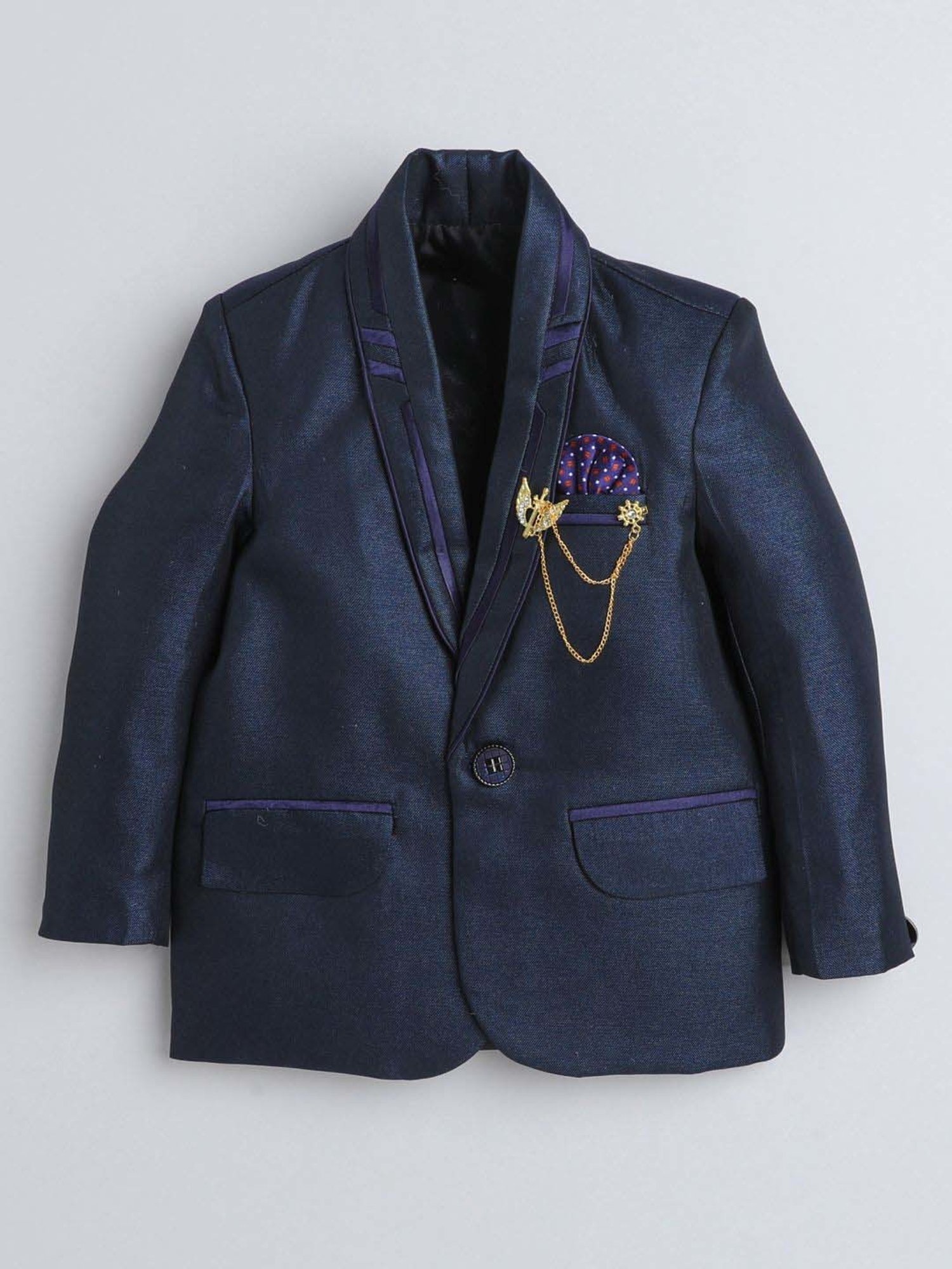 Fourfolds Boys Navyblue Solid Full Sleeves Suit Set