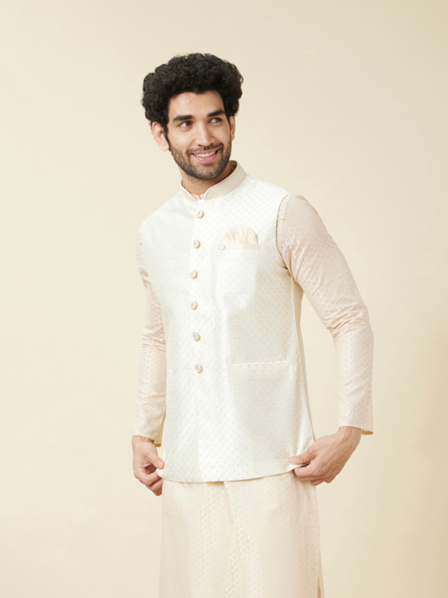 Manyavar Cream Regular Fit Self Design Nehru Jacket