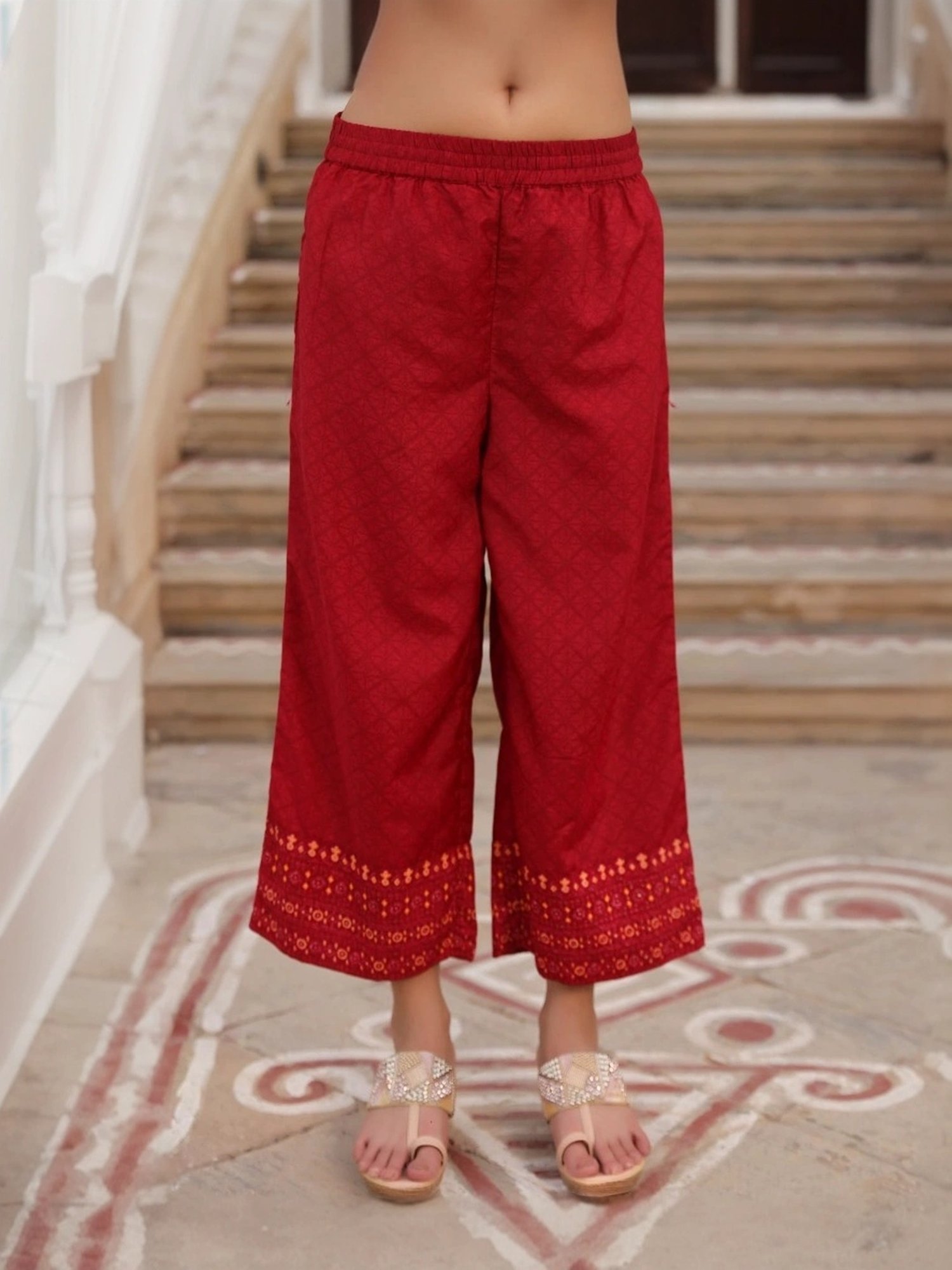 Juniper Red Cotton Embellished Kurta Pant Set With Dupatta