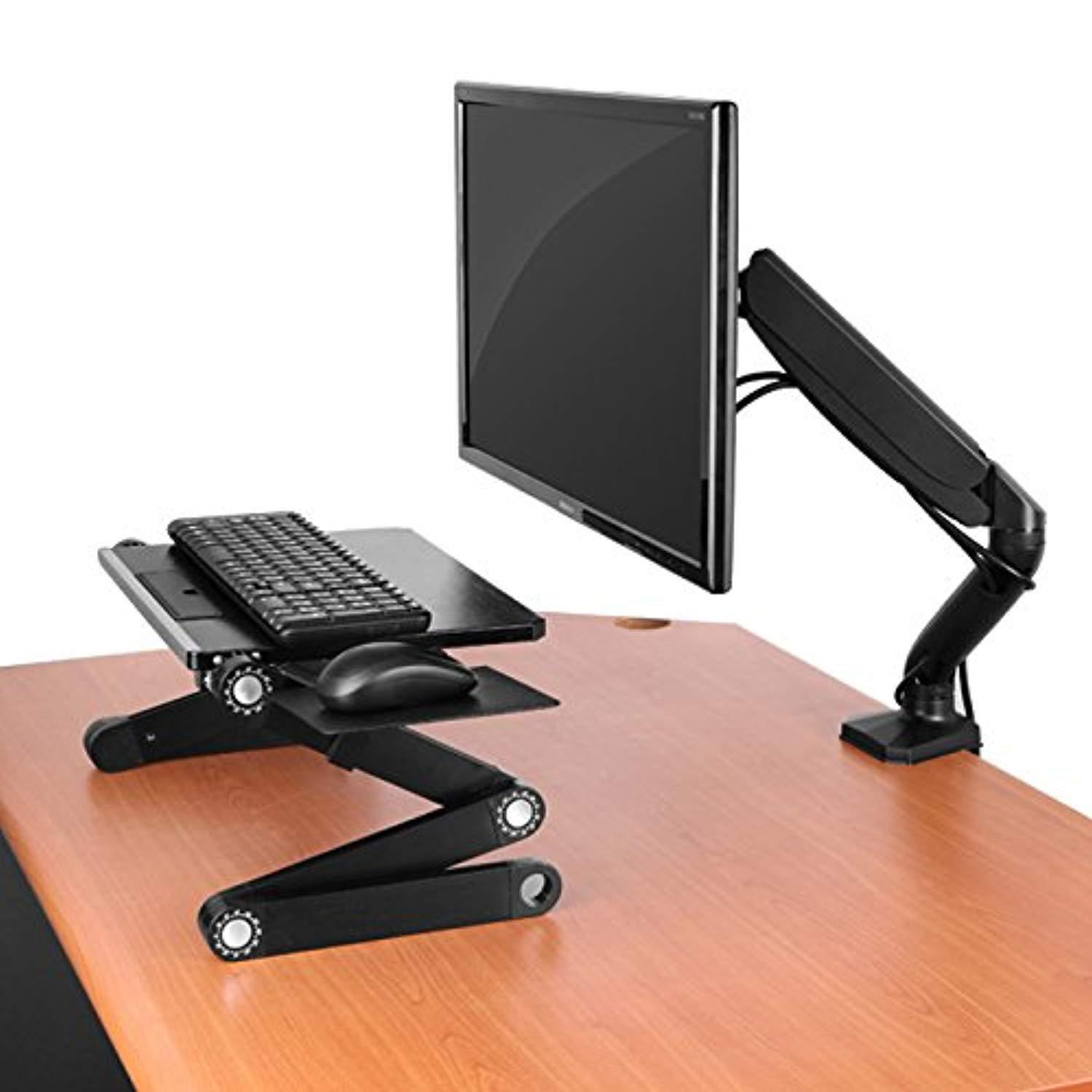 Single Computer Monitor Arm Mount with 2 USB Ports ergonomic adjustable height universal VESA LCD holder with gas spring. Office standing desk accessories organizer. C-Clamp & Grommet Connection