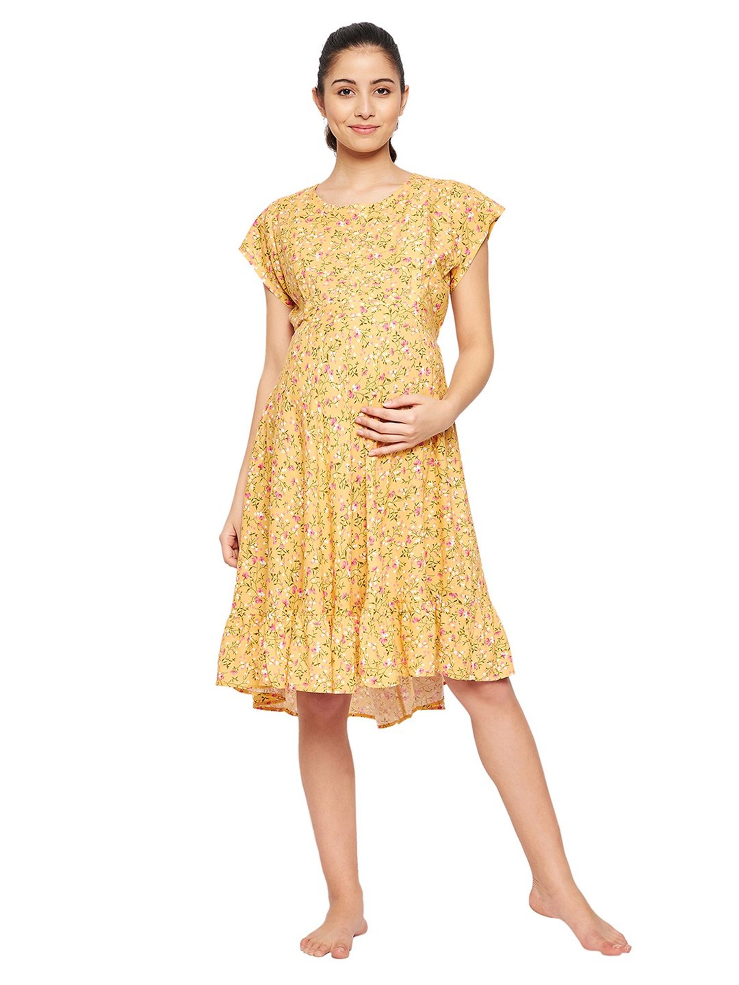 Hypernation Yellow Rayon Floral Print Maternity Night Dress
