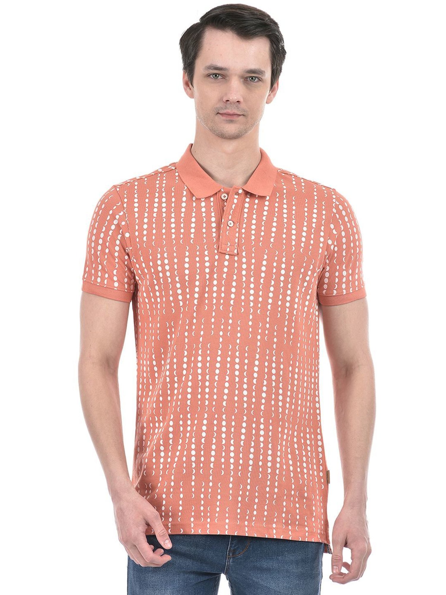 Numero Uno Dusty Orange Cotton Slim Fit Printed Polo T-Shirt