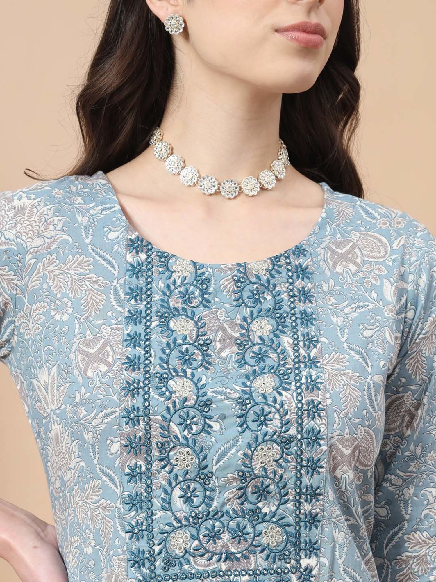 Yufta Blue Embroidered Kurta With Pant & Dupatta