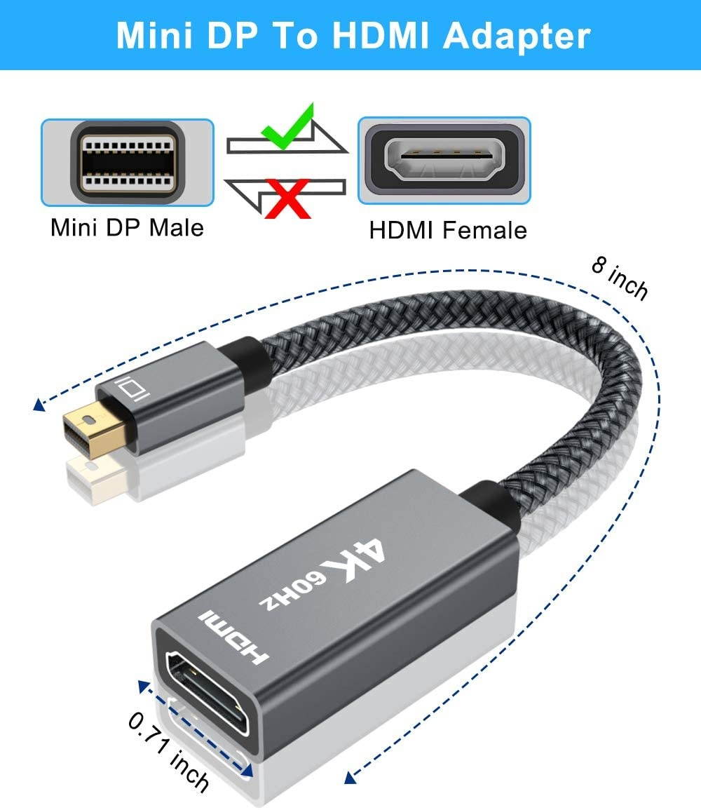 Mini DisplayPort to HDMI Adapter (2 Pack)4K 60Hz Mini DP MDP Male to HDMI 2.0 Female Converter(Thunderbolt 2 Compatible) for Mac MacBook Air 2017Microsoft Surface Book Pro 3 4 5 6Thinkpad