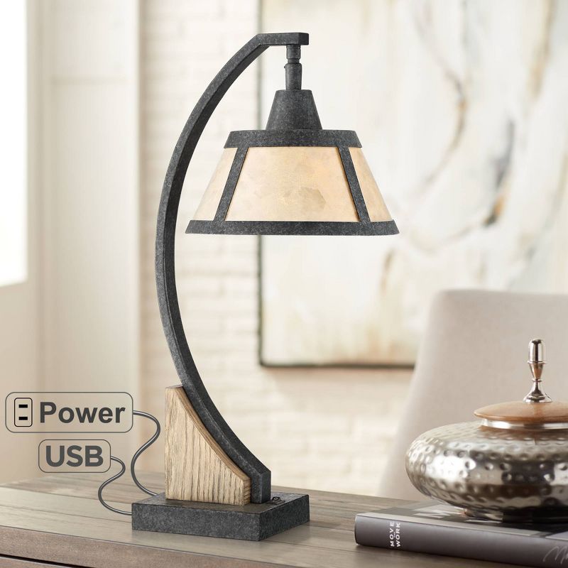 Franklin Iron Works Rustic Farmhouse Desk Table Lamp with USB and AC Power Outlet in Base Gray Wash Mica Shade for Bedroom Office