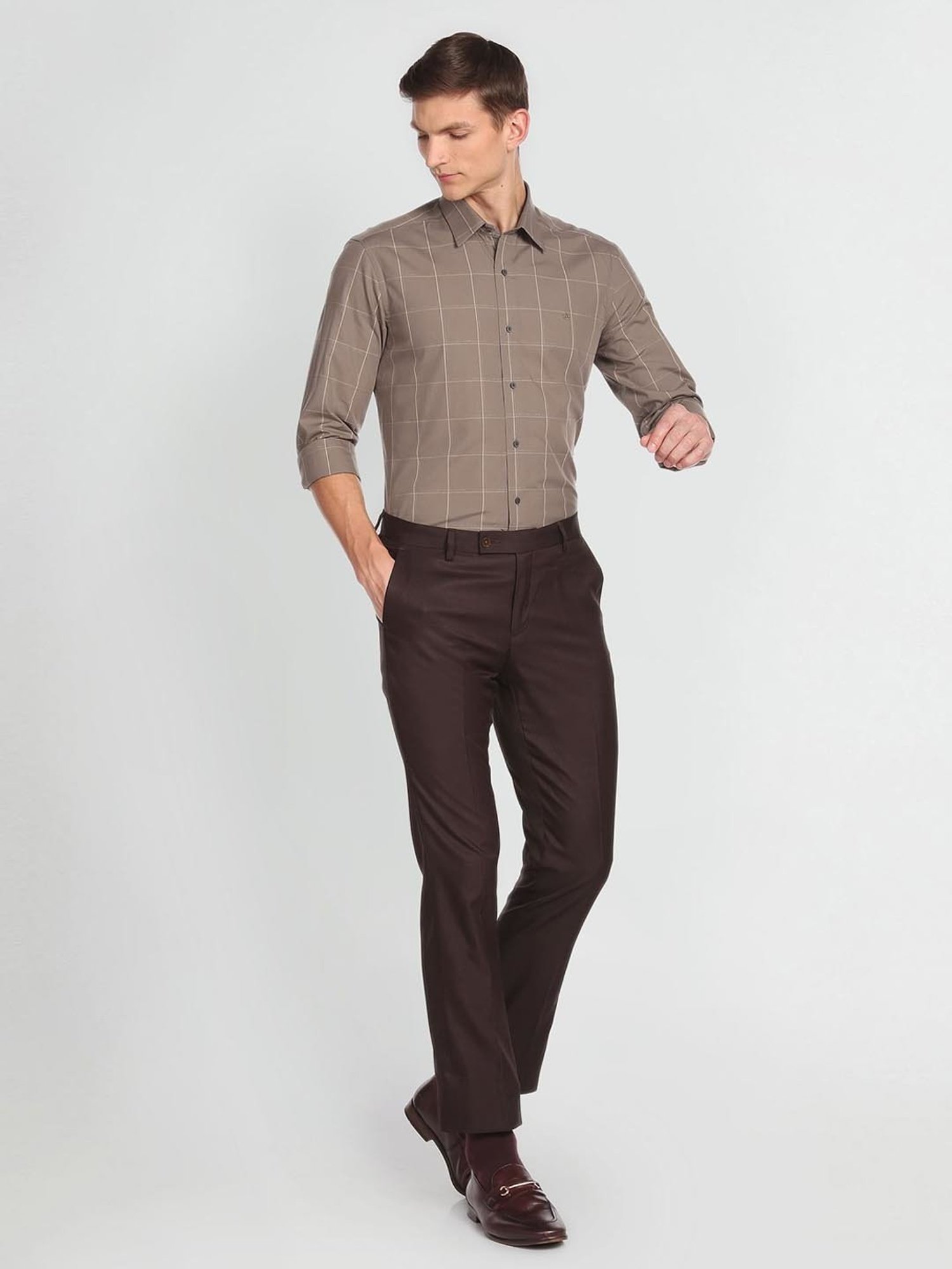 Arrow New York Brown Cotton Slim Fit Checks Shirt