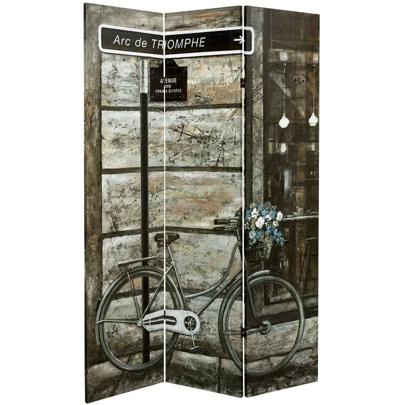 6" Double Sided Parisian Bicycles Canvas Room Divider Gray - Oriental Furniture
