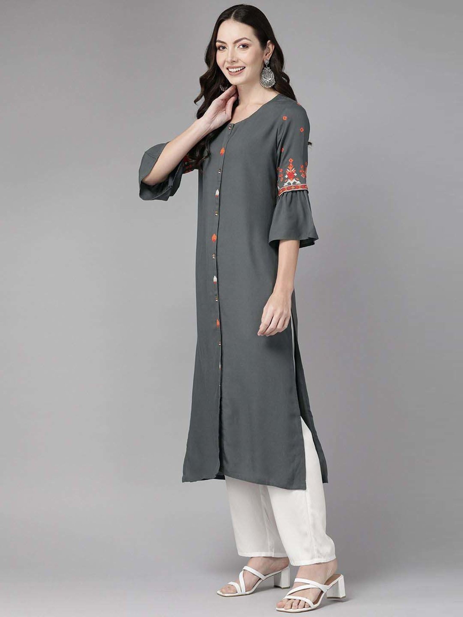 Cayman Grey Cotton Embroidered Straight Kurta