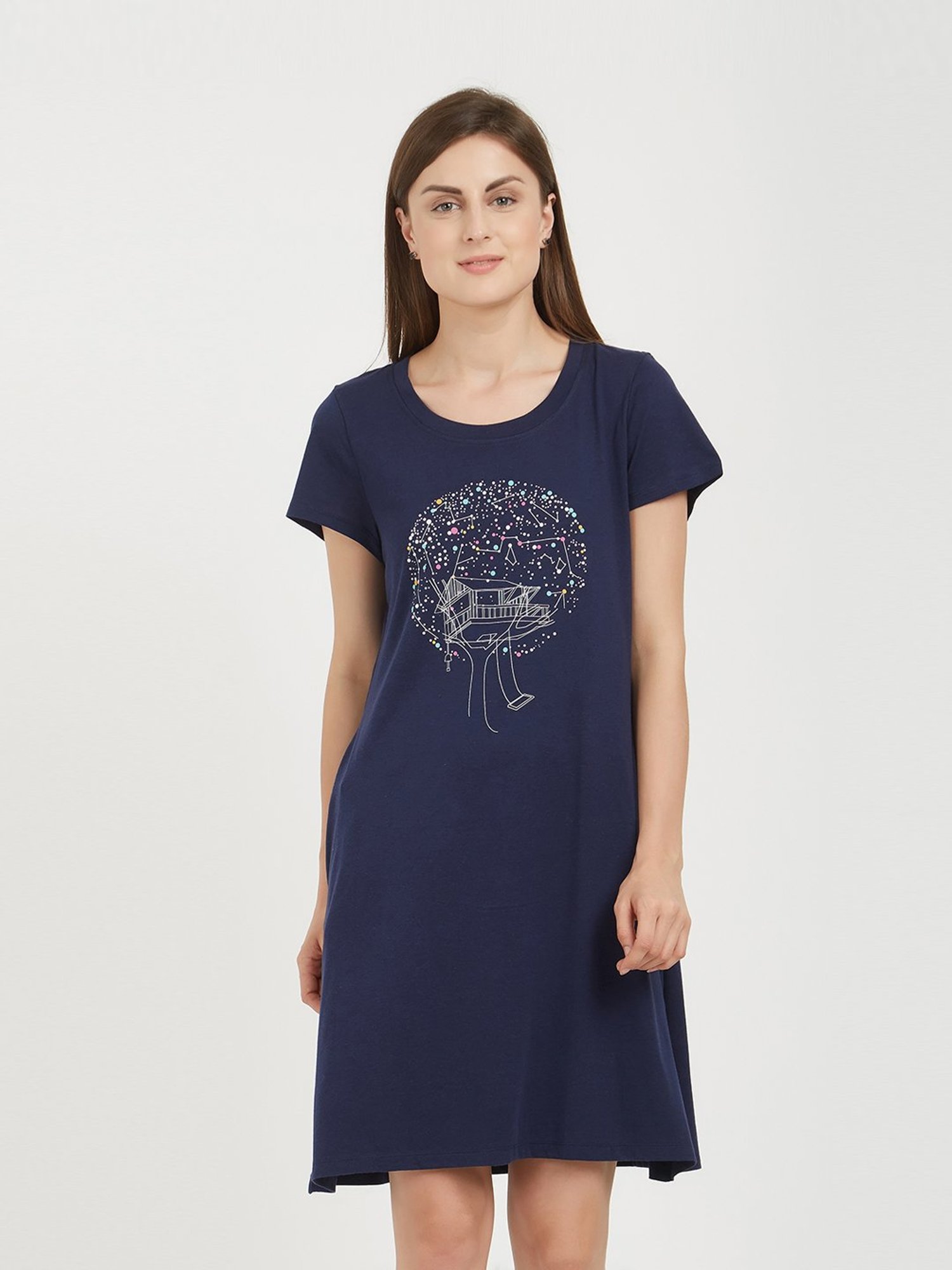Soie Navy Cotton Printed Sleep T-Shirt