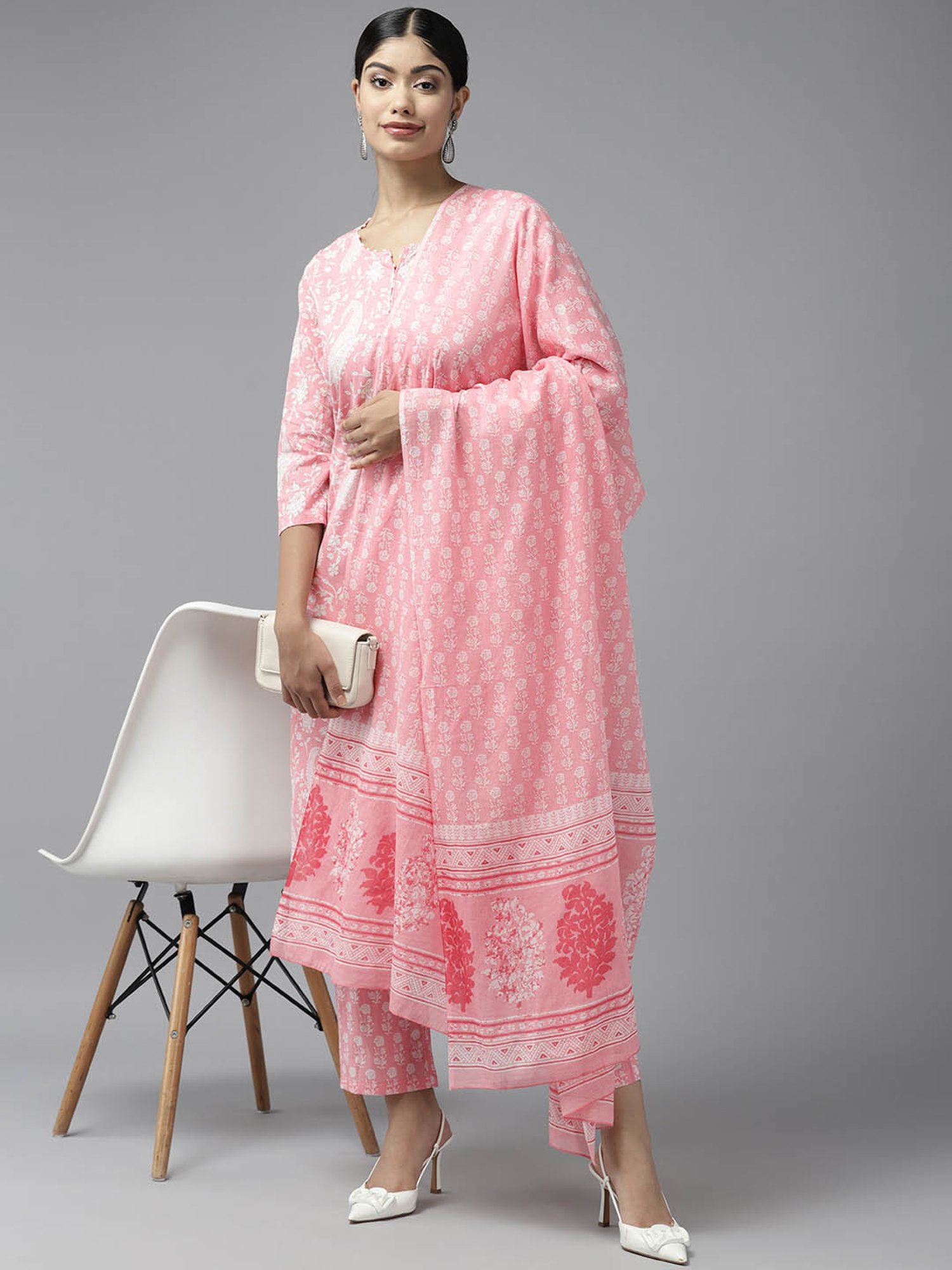 Prakrti Pink Cotton Printed Kurta With Pant & Dupatta