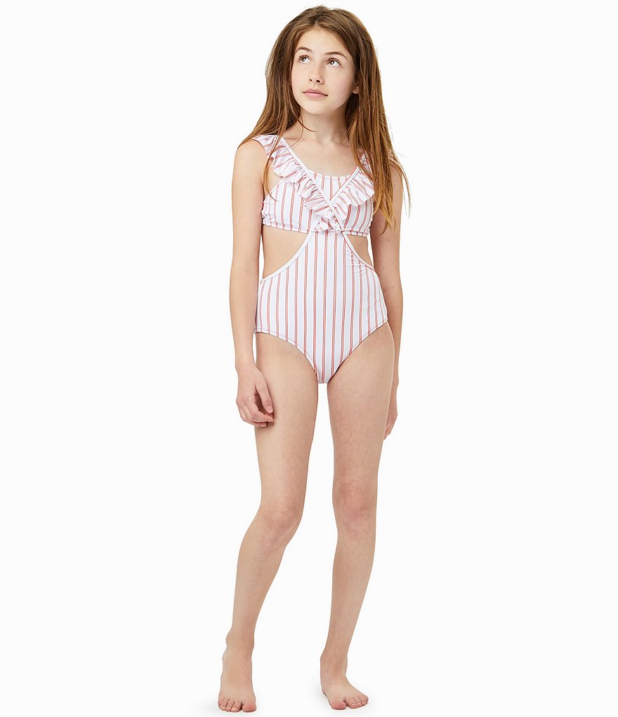 Habitual Big Girls 7-16 Ruffle-Detail Striped Monokini Swimsuit