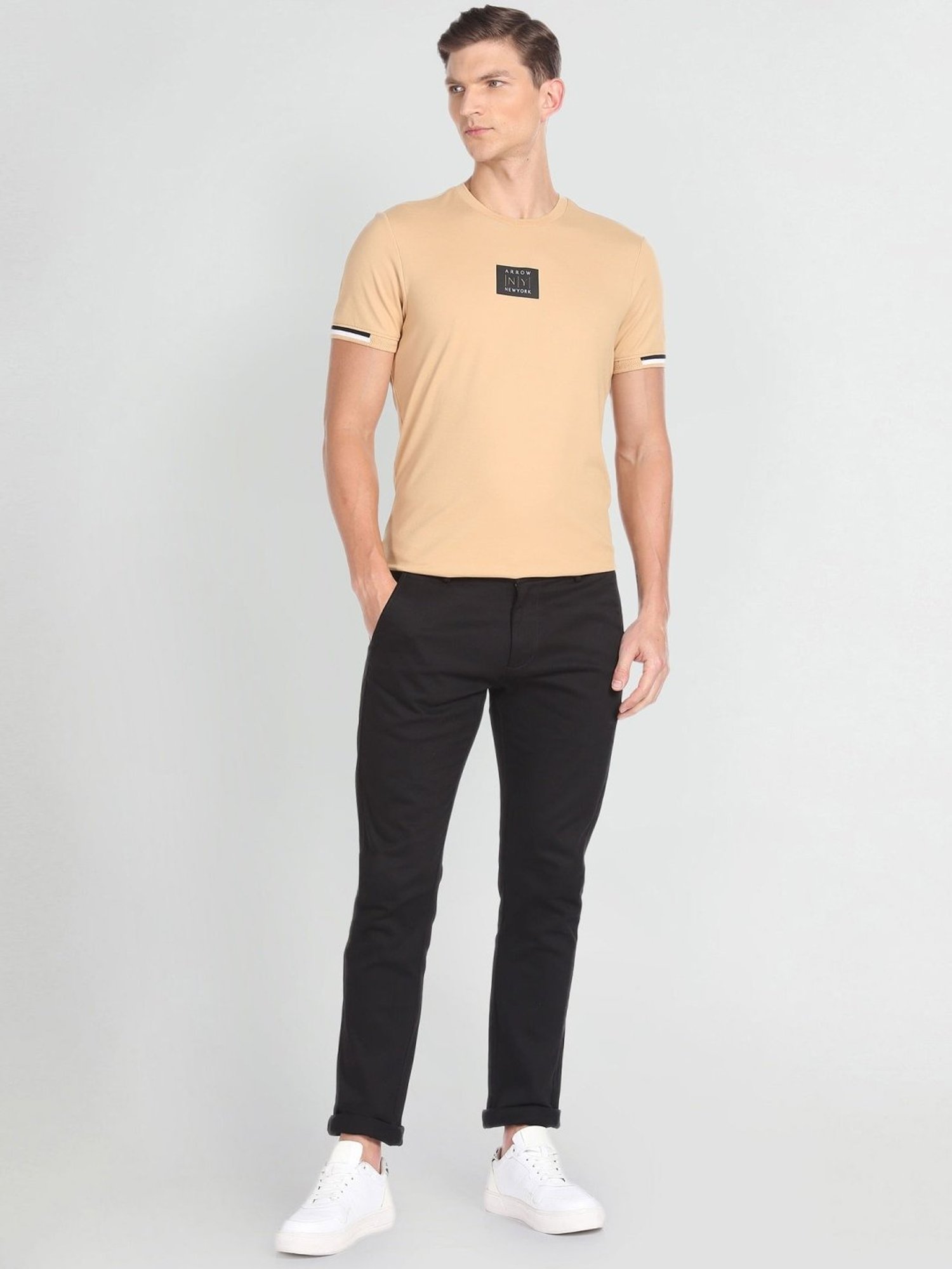 Arrow New York Beige Cotton Regular Fit T-Shirt