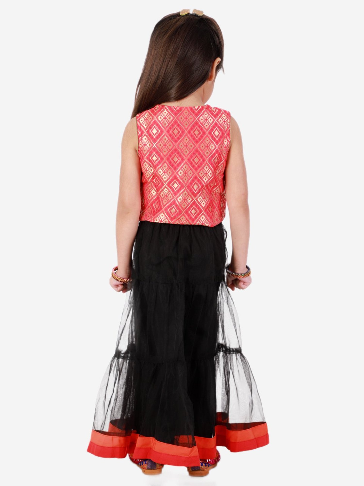 TWISHA Kids Red & Black Self Design Top with Ghagra