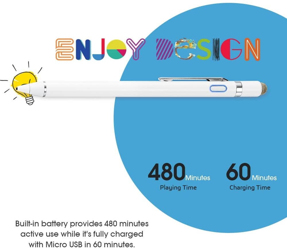 Active Stylus Capacitive Digital Pen with 1.5mm Ultra Fine Tip Stylus for iPad, Drawing Stylus Pen Compatible for Apple Pencil/Samsung Pen on Touch Screens, White