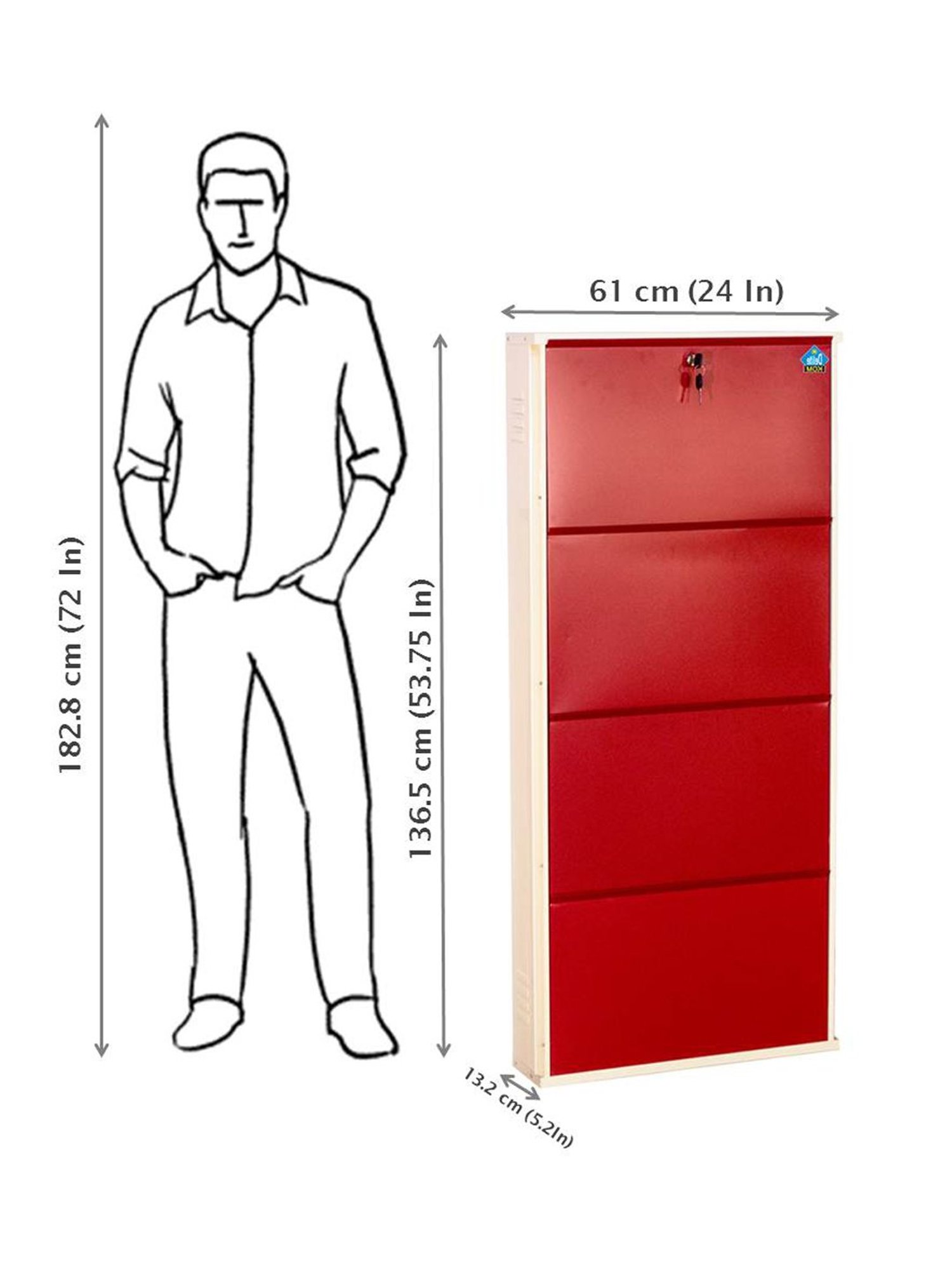 Delite Kom Metal Shoe Rack - 24" 4 Shelf, Ivory Brick Red, PowderCoat, Wall Mount, DIY